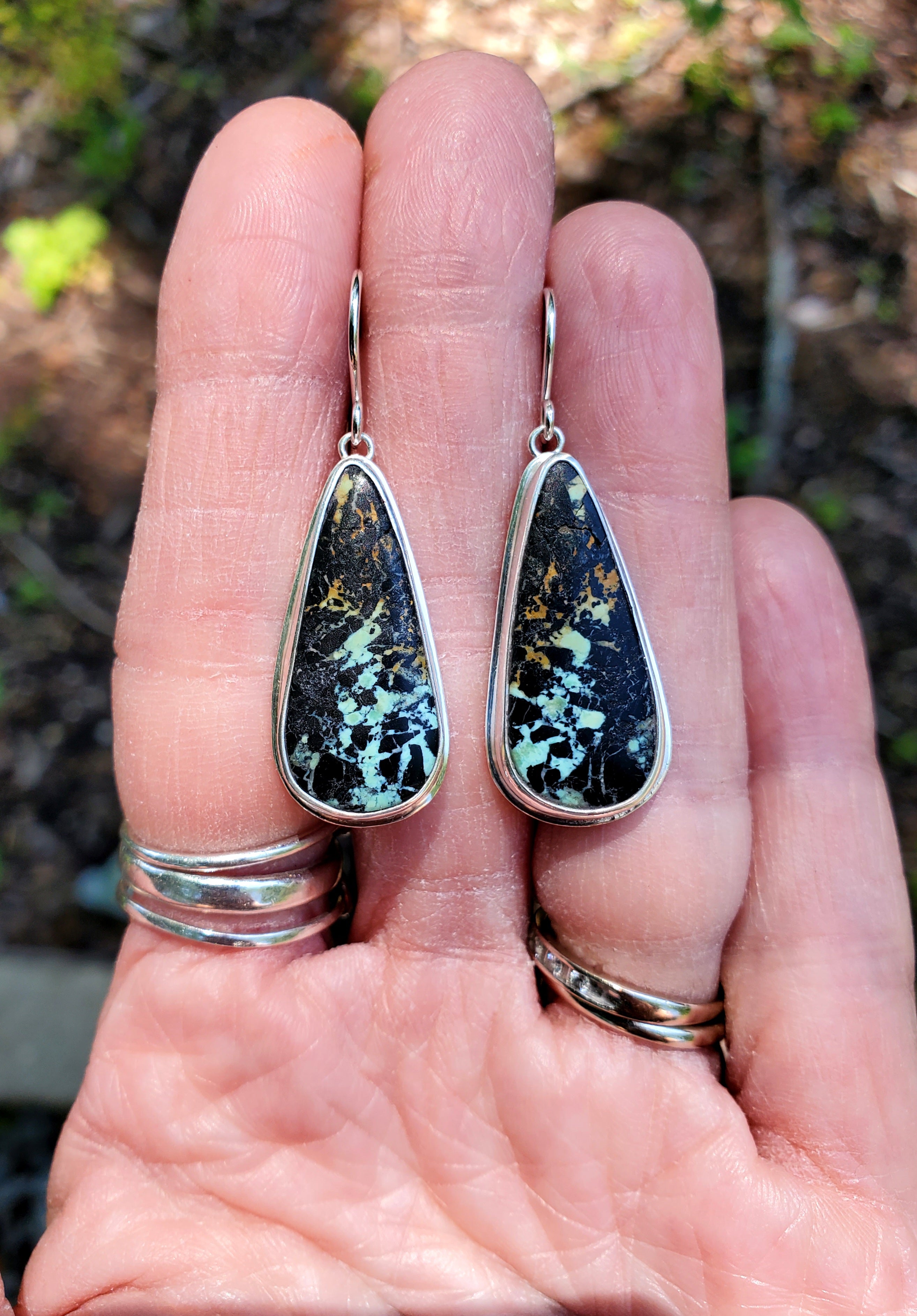 Black Jack Turquoise Dangle Drop Earrings in Solid Sterling Silver
