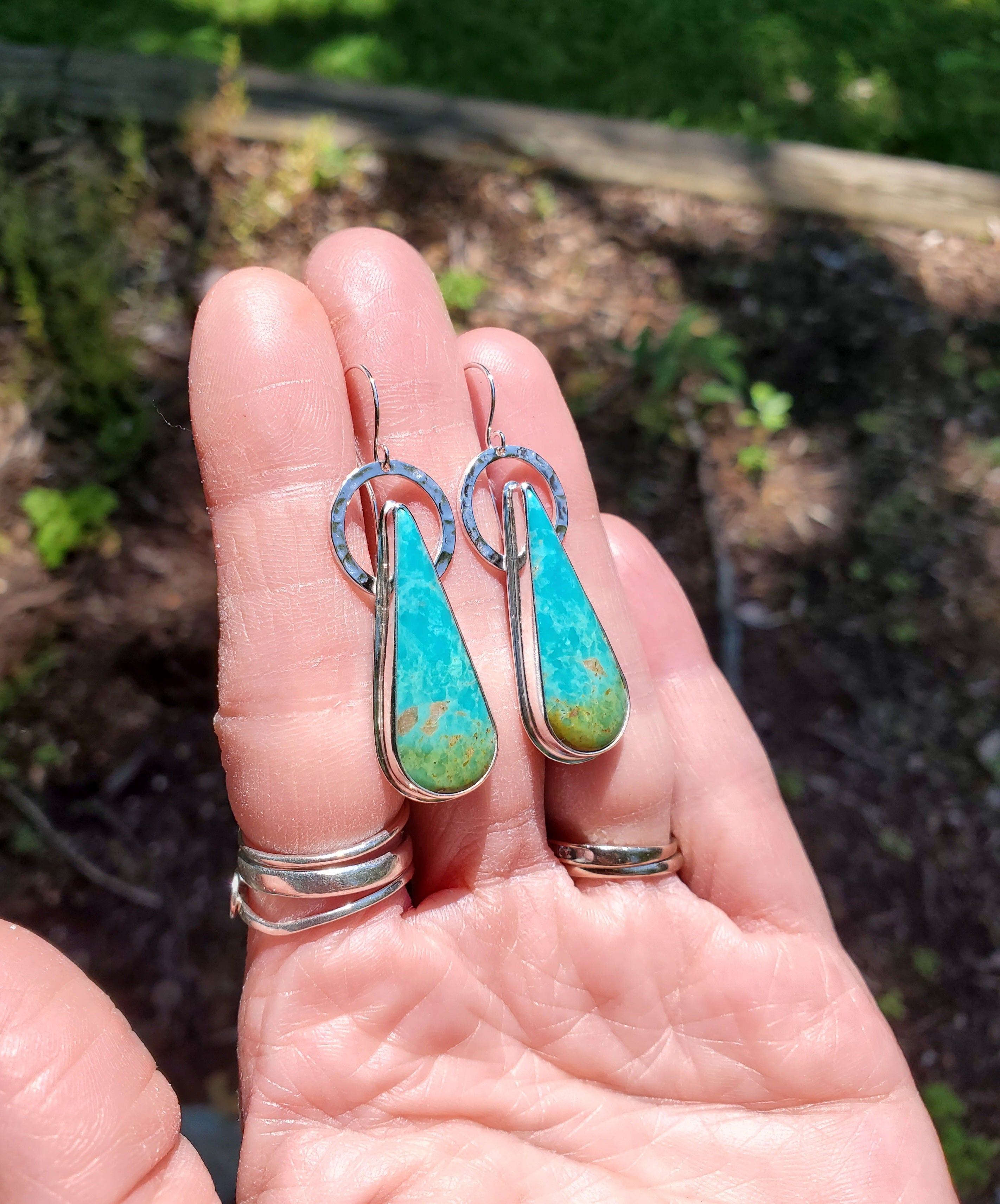 Sonoran Turquoise Long Teardrop Dangle Earrings in Solid Sterling Silver