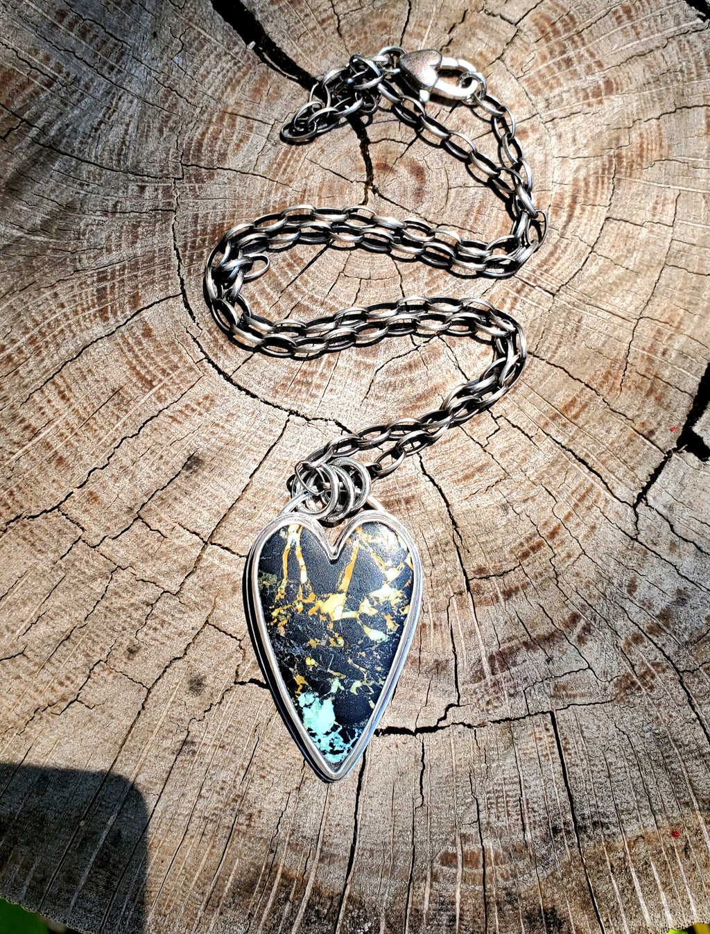 SOLD - Stunning Black Jack Turquoise Elongated Heart Pendant Necklace in Solid Sterling Silver