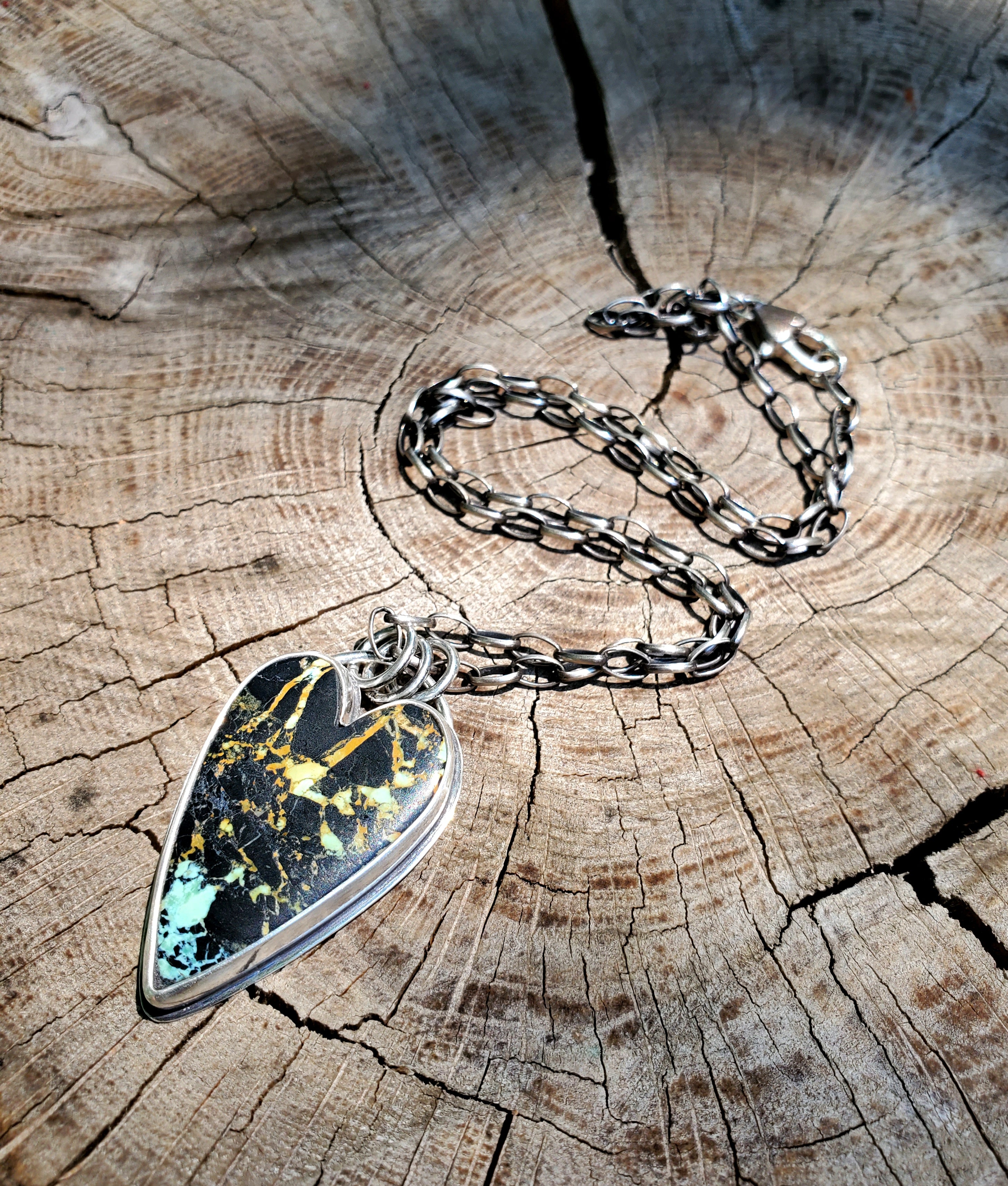 SOLD - Stunning Black Jack Turquoise Elongated Heart Pendant Necklace in Solid Sterling Silver