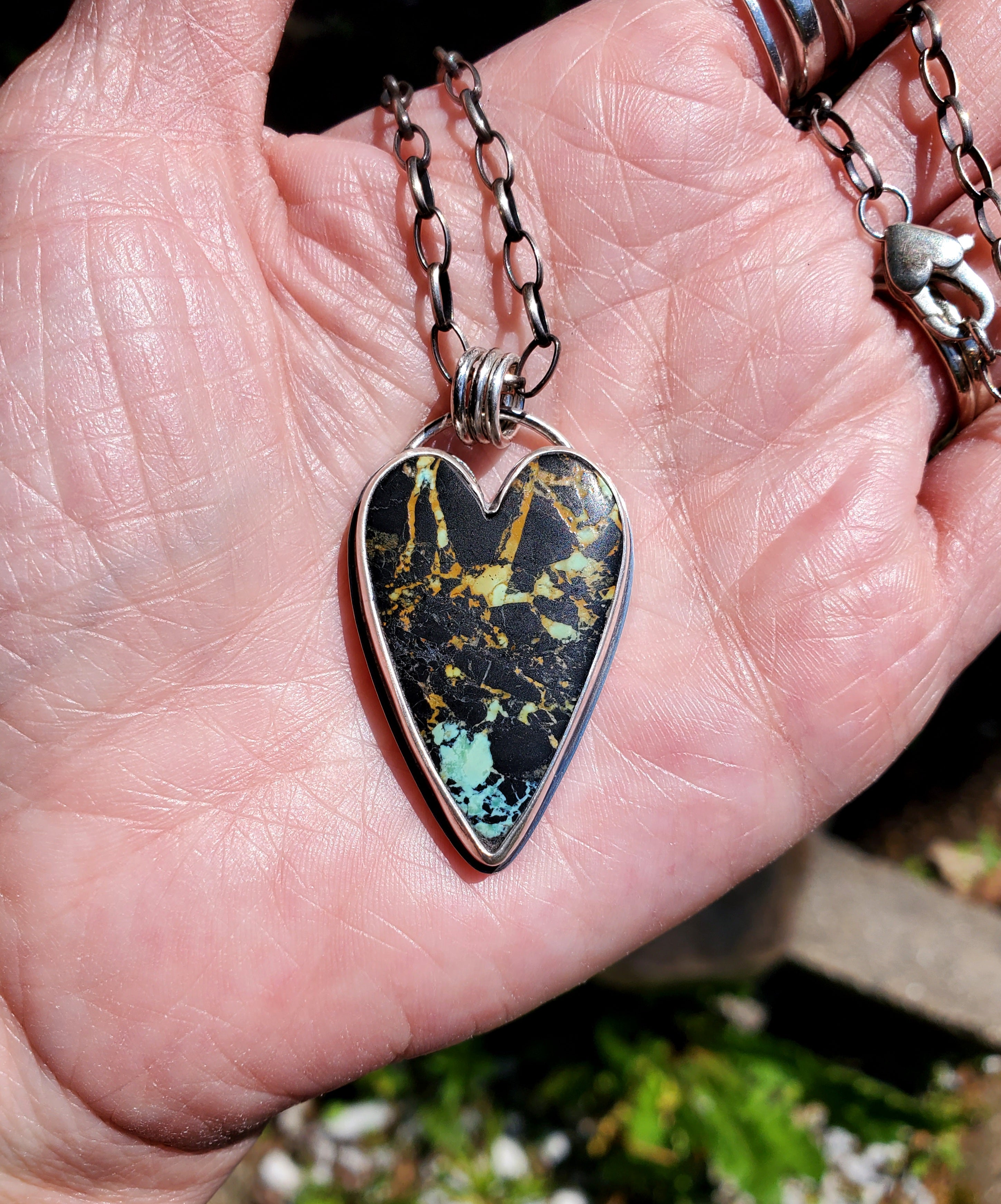 SOLD - Stunning Black Jack Turquoise Elongated Heart Pendant Necklace in Solid Sterling Silver