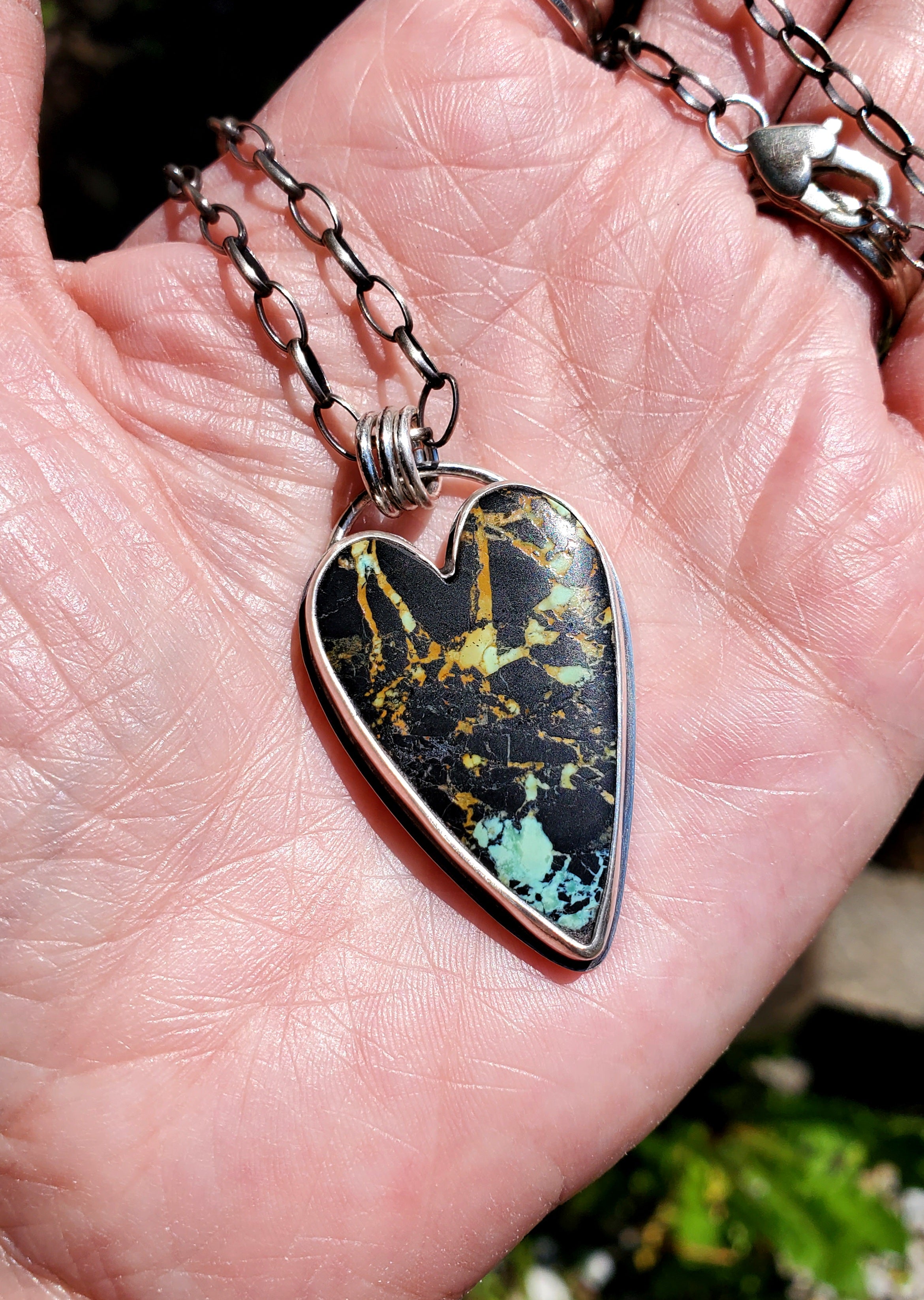 SOLD - Stunning Black Jack Turquoise Elongated Heart Pendant Necklace in Solid Sterling Silver