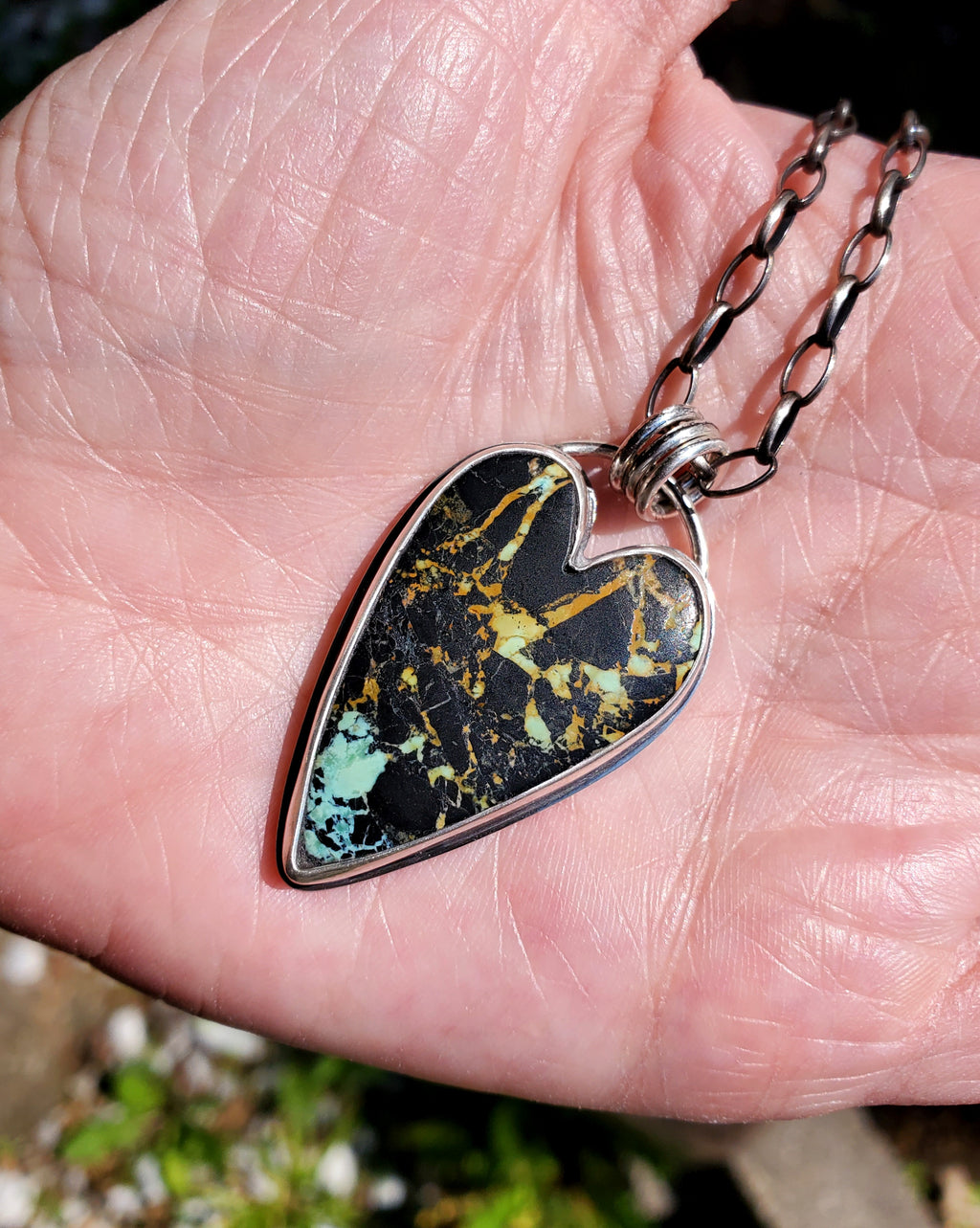 SOLD - Stunning Black Jack Turquoise Elongated Heart Pendant Necklace in Solid Sterling Silver
