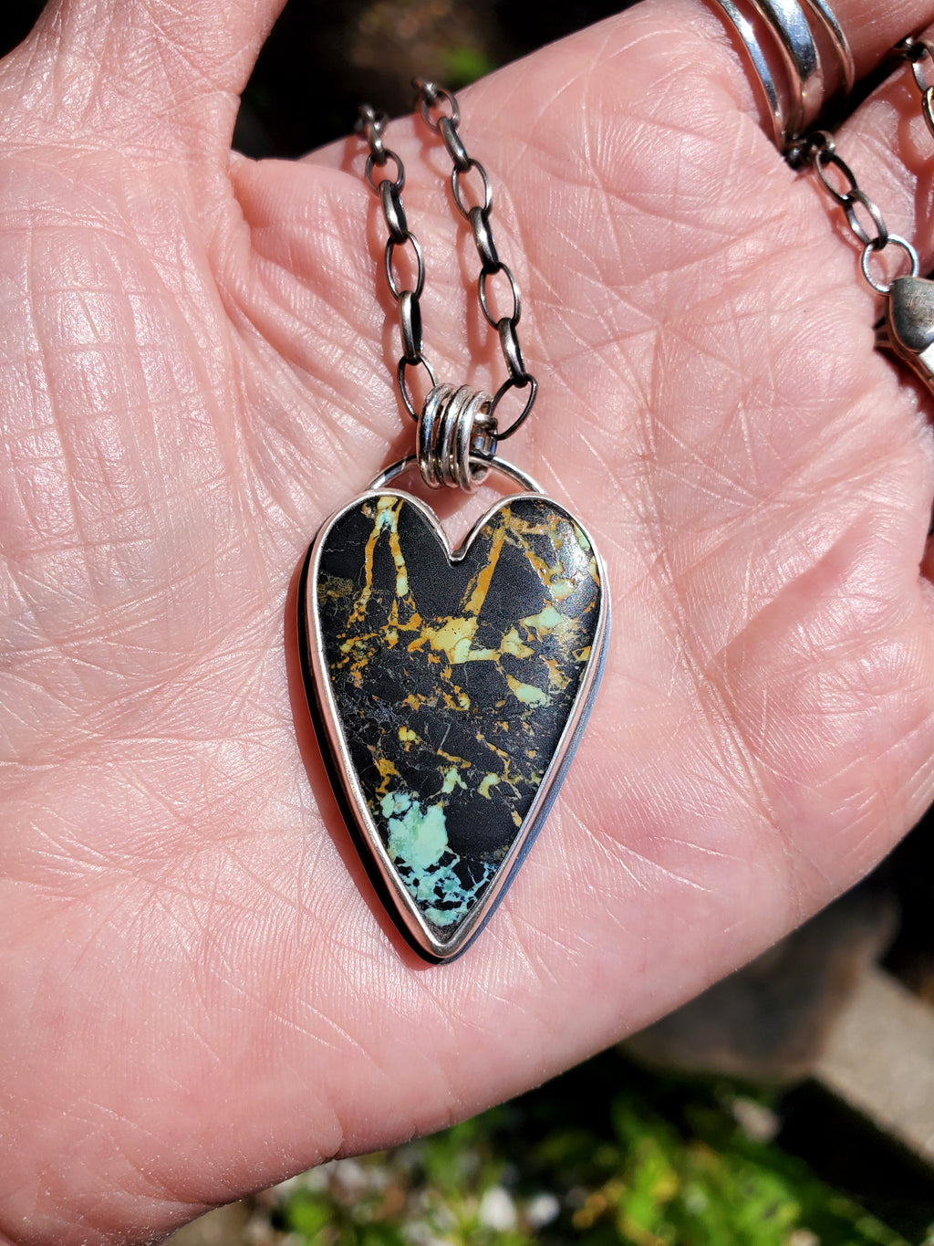SOLD - Stunning Black Jack Turquoise Elongated Heart Pendant Necklace in Solid Sterling Silver