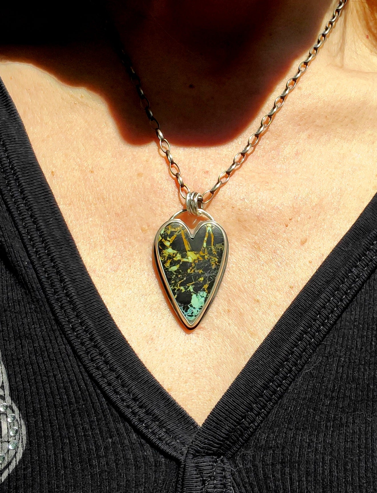 SOLD - Stunning Black Jack Turquoise Elongated Heart Pendant Necklace in Solid Sterling Silver