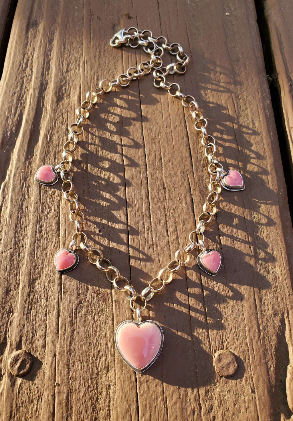 Stunning Pink Queen Conch 5 Stone 5 Heart Statement Necklace in Solid Sterling Silver