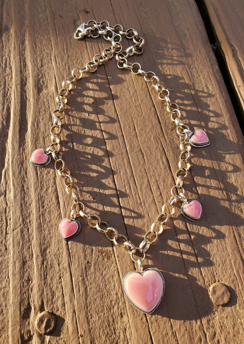 Stunning Pink Queen Conch 5 Stone 5 Heart Statement Necklace in Solid Sterling Silver