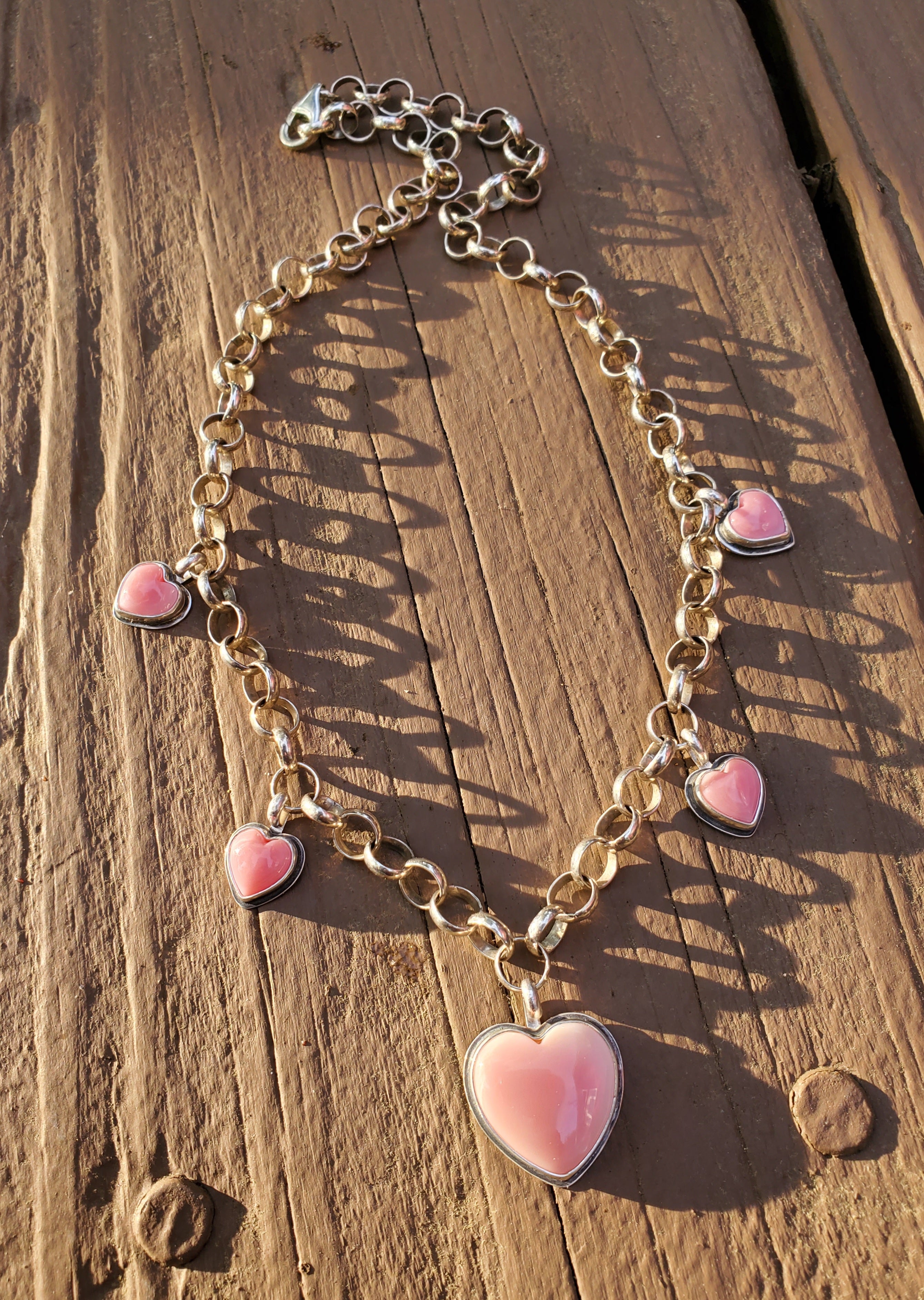 Stunning Pink Queen Conch 5 Stone 5 Heart Statement Necklace in Solid Sterling Silver