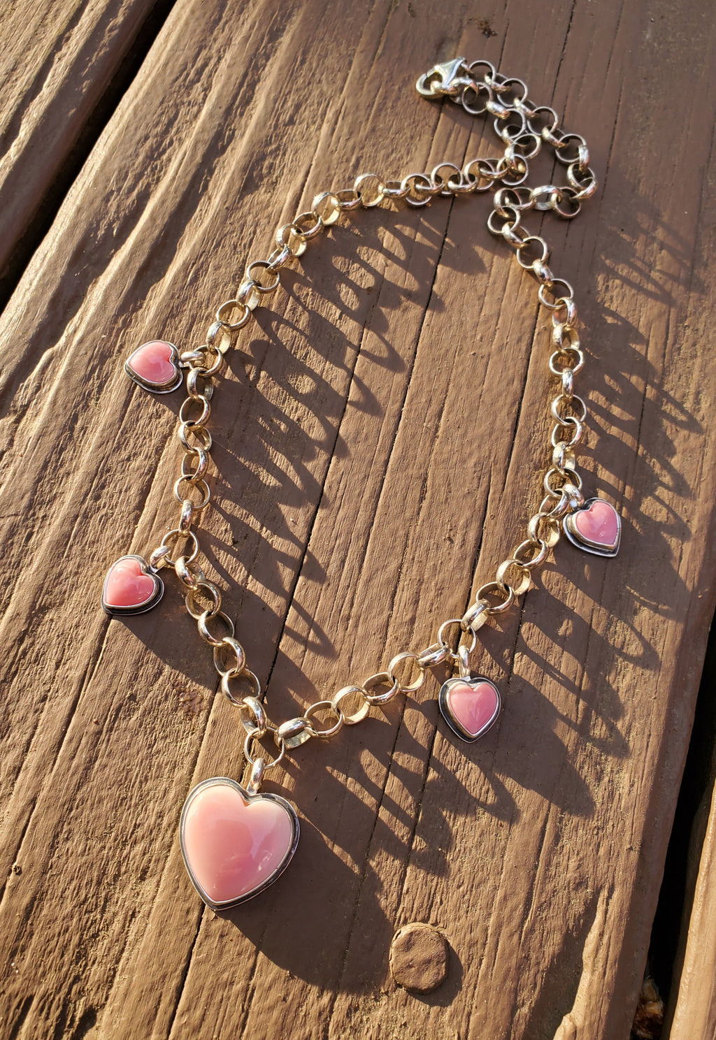 Stunning Pink Queen Conch 5 Stone 5 Heart Statement Necklace in Solid Sterling Silver