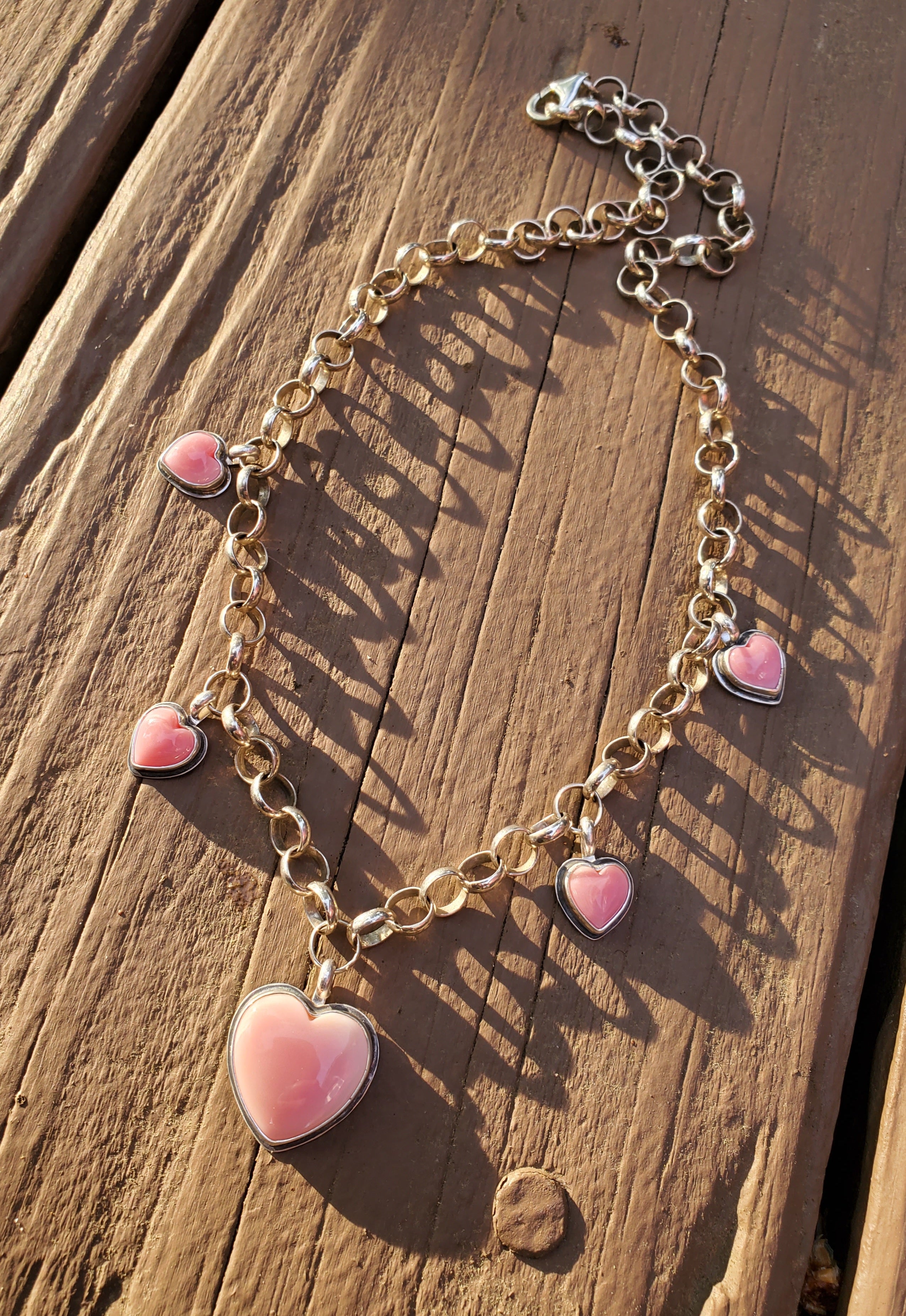 Stunning Pink Queen Conch 5 Stone 5 Heart Statement Necklace in Solid Sterling Silver
