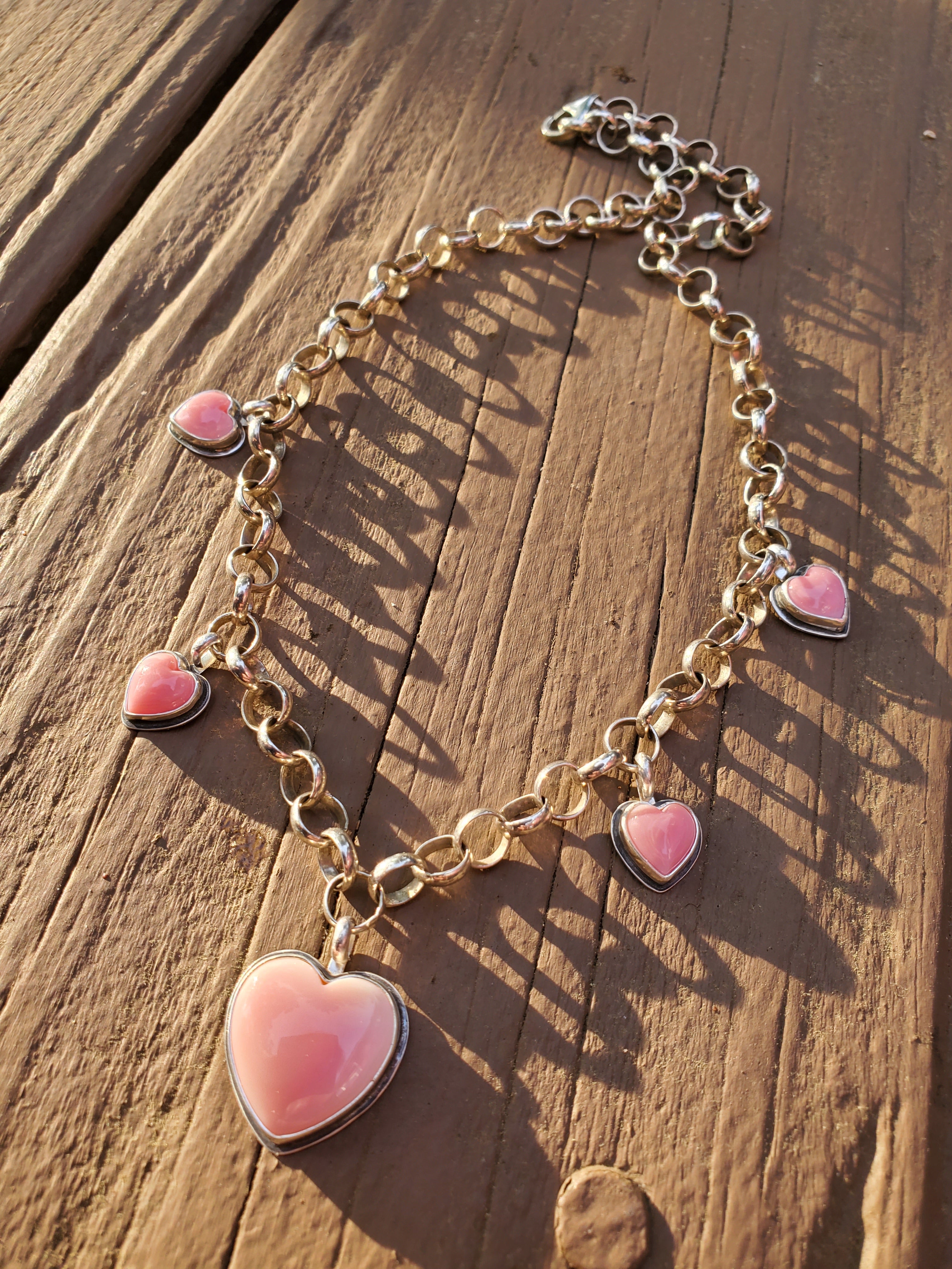 Stunning Pink Queen Conch 5 Stone 5 Heart Statement Necklace in Solid Sterling Silver