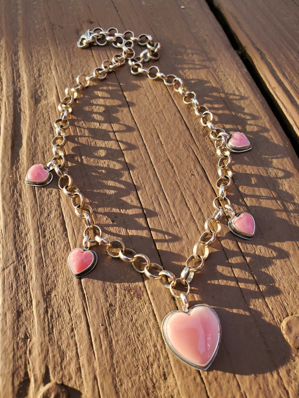 Stunning Pink Queen Conch 5 Stone 5 Heart Statement Necklace in Solid Sterling Silver