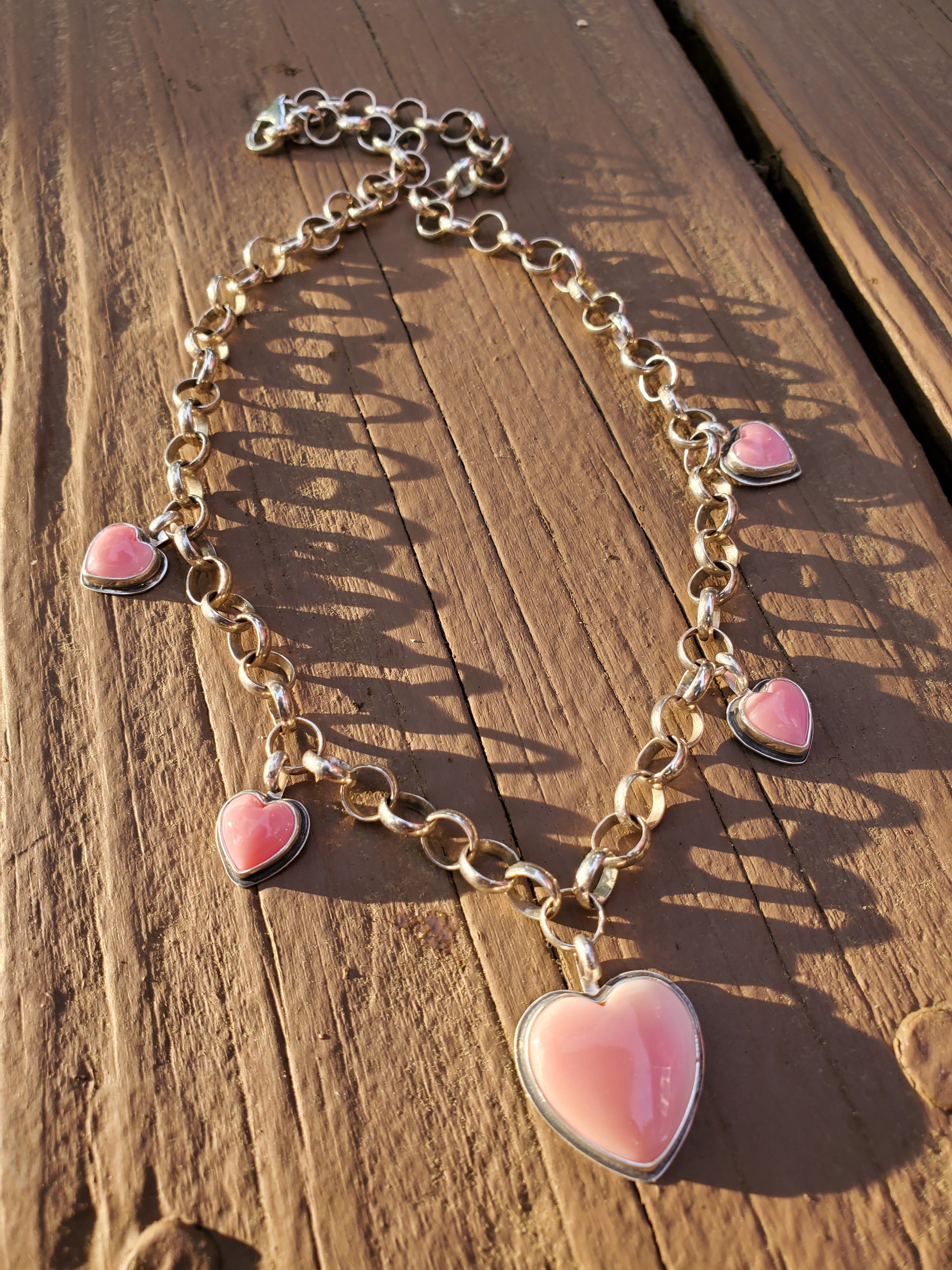 Stunning Pink Queen Conch 5 Stone 5 Heart Statement Necklace in Solid Sterling Silver