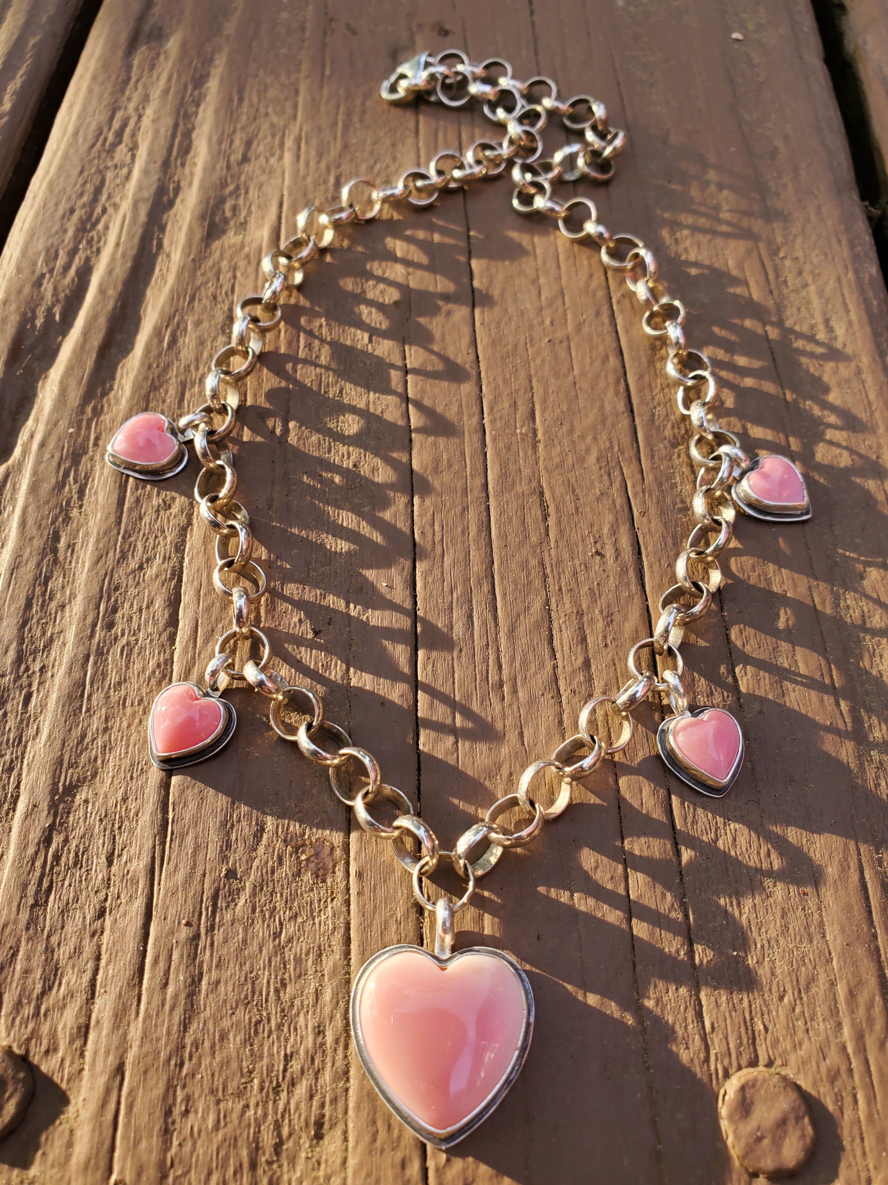 Stunning Pink Queen Conch 5 Stone 5 Heart Statement Necklace in Solid Sterling Silver