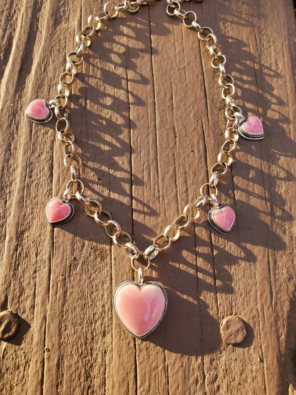 Stunning Pink Queen Conch 5 Stone 5 Heart Statement Necklace in Solid Sterling Silver