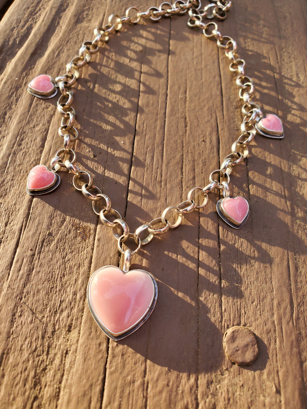 Stunning Pink Queen Conch 5 Stone 5 Heart Statement Necklace in Solid Sterling Silver