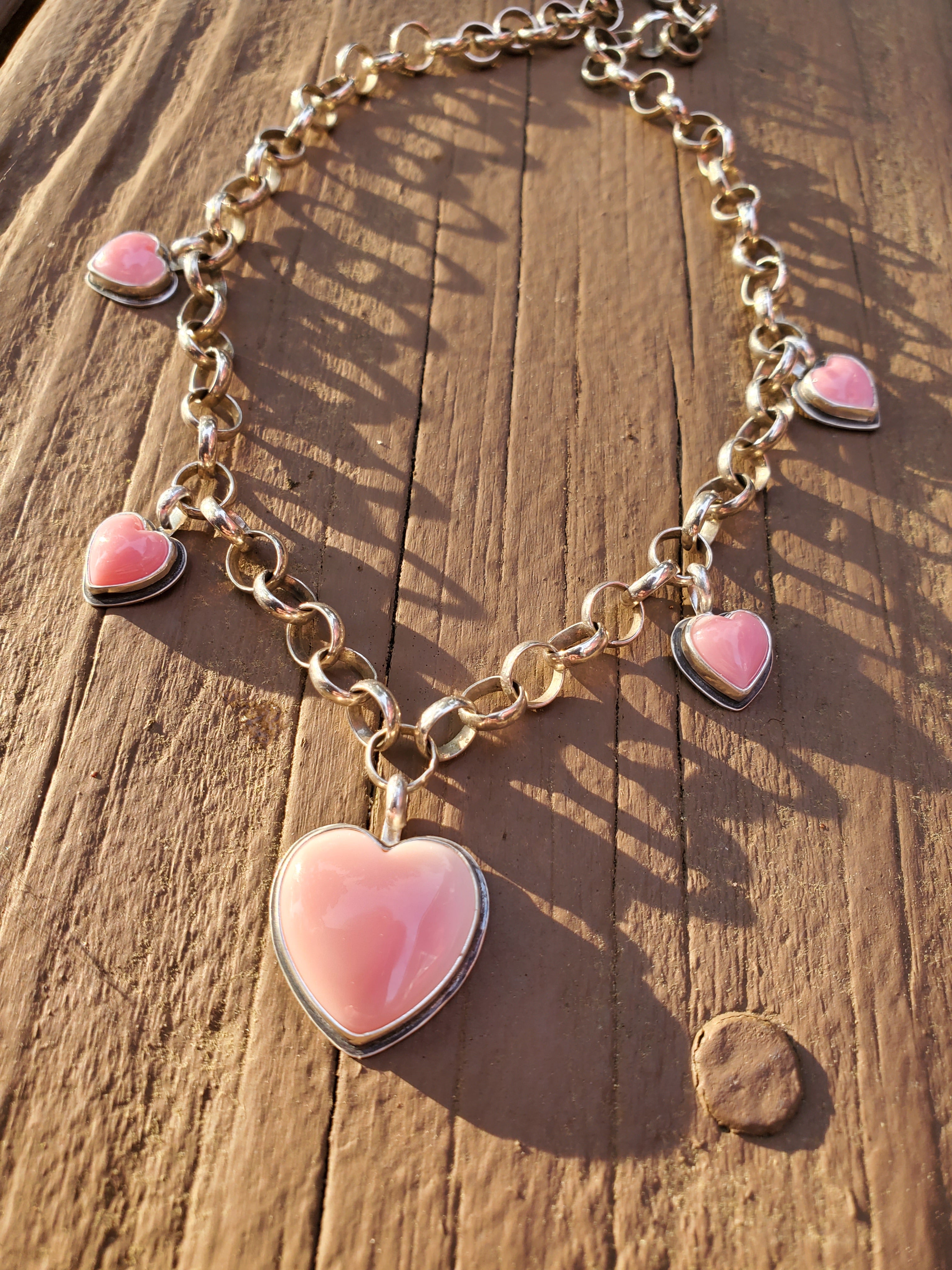 Stunning Pink Queen Conch 5 Stone 5 Heart Statement Necklace in Solid Sterling Silver