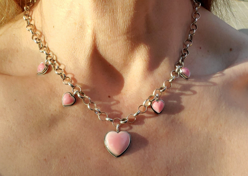 Stunning Pink Queen Conch 5 Stone 5 Heart Statement Necklace in Solid Sterling Silver