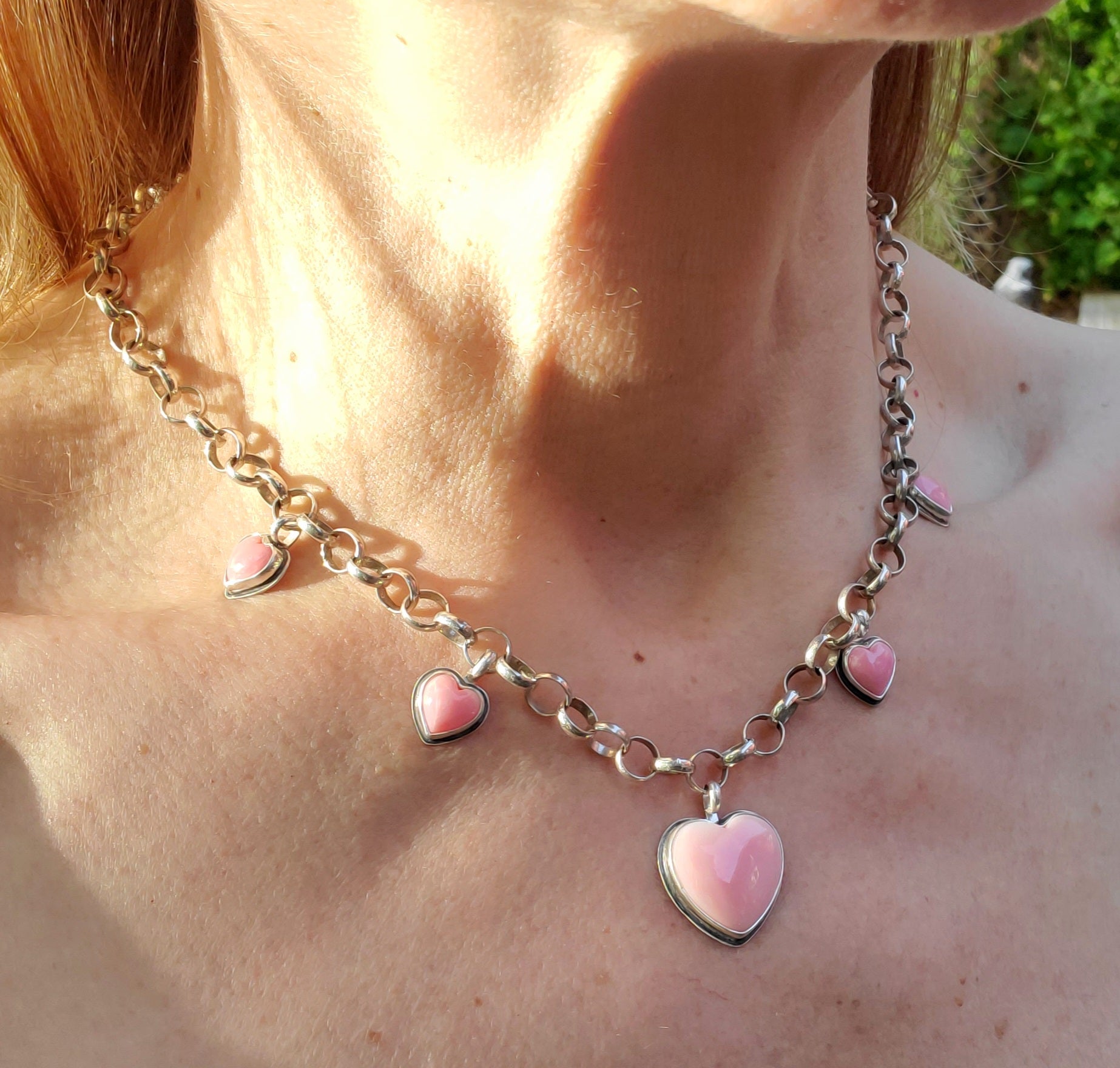 Stunning Pink Queen Conch 5 Stone 5 Heart Statement Necklace in Solid Sterling Silver