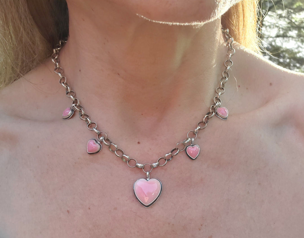 Stunning Pink Queen Conch 5 Stone 5 Heart Statement Necklace in Solid Sterling Silver