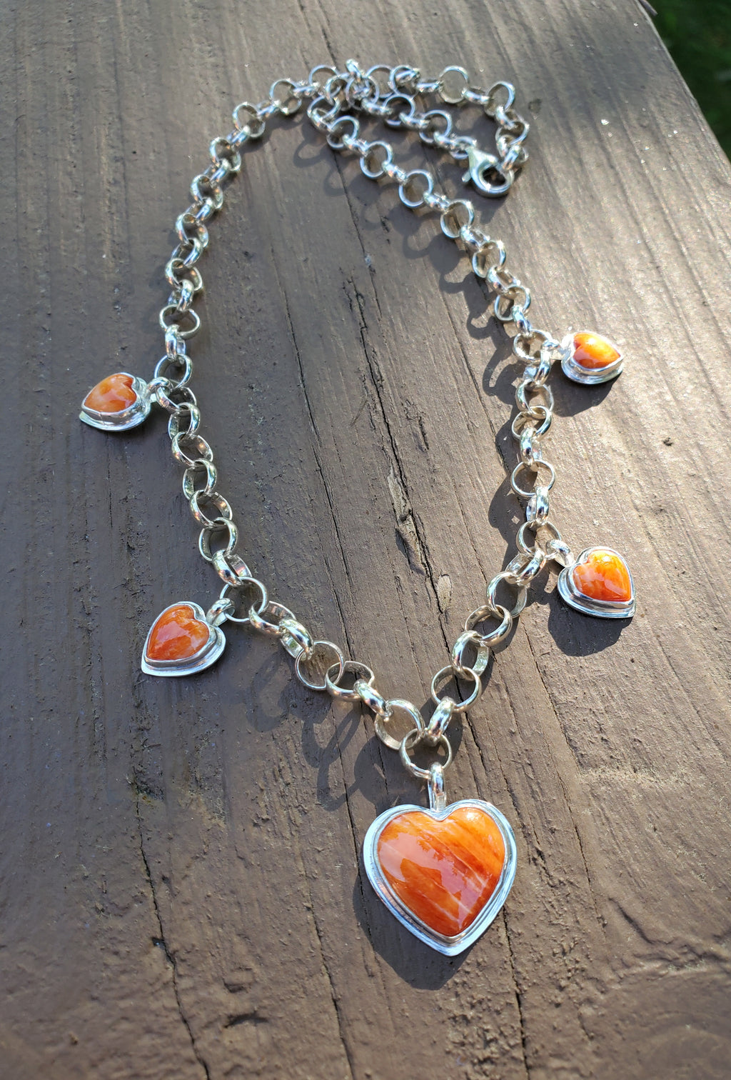 Stunning Orange Spiny Oyster 5 Stone 5 Heart Statement Necklace in Solid Sterling Silver