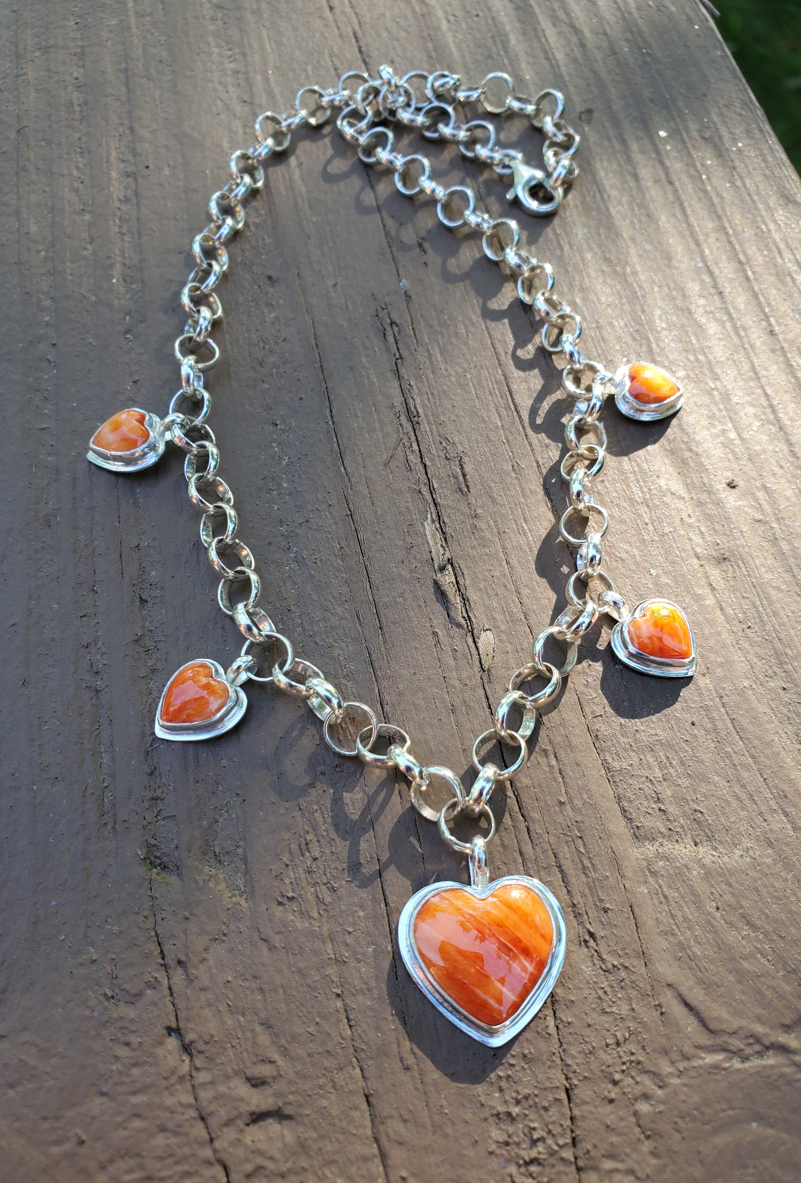 Stunning Orange Spiny Oyster 5 Stone 5 Heart Statement Necklace in Solid Sterling Silver