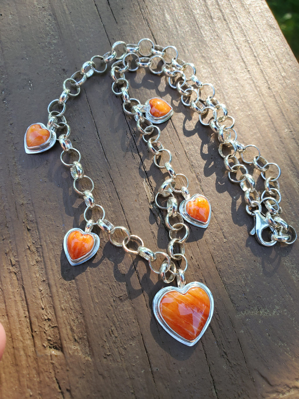 Stunning Orange Spiny Oyster 5 Stone 5 Heart Statement Necklace in Solid Sterling Silver