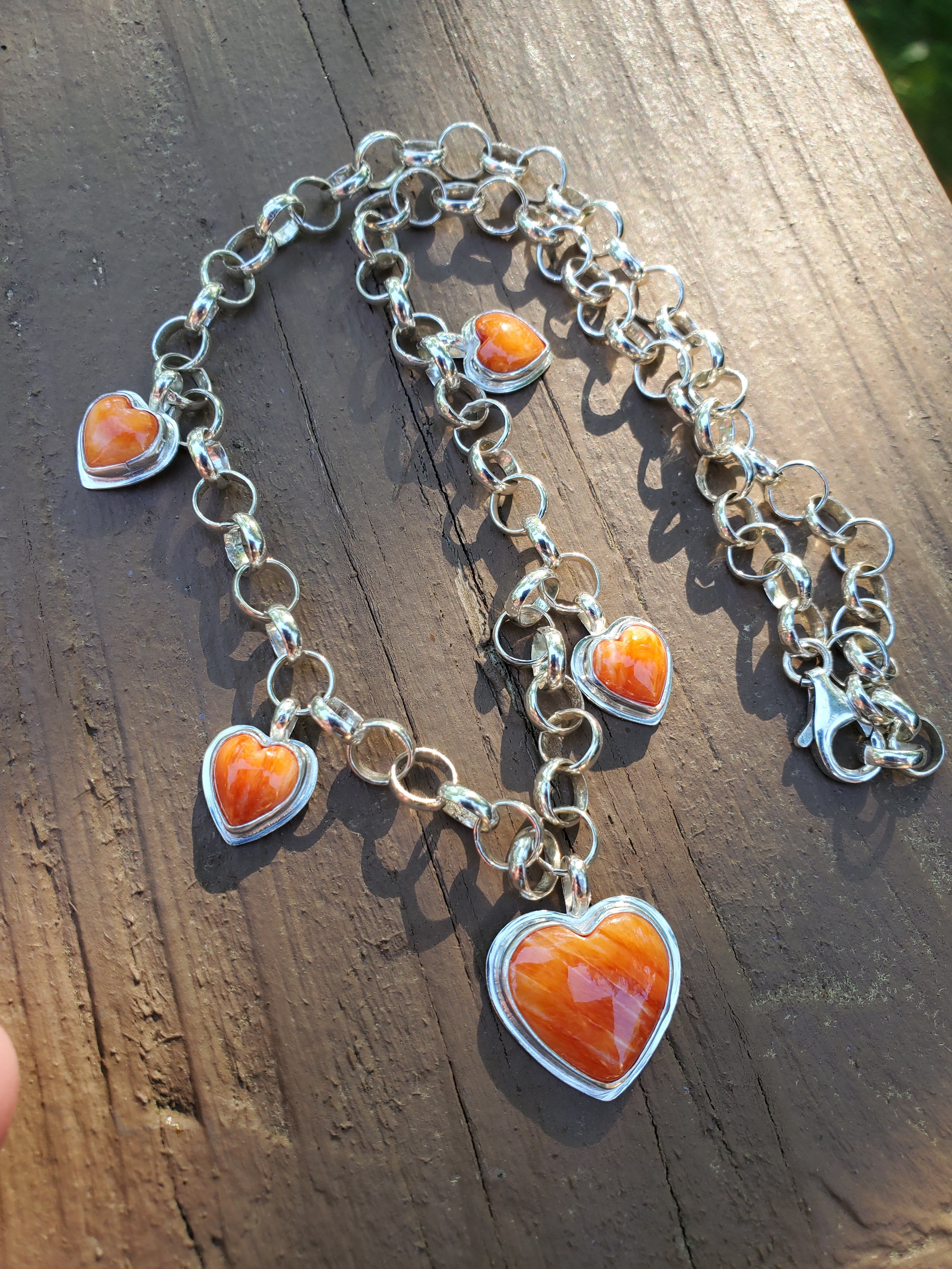 Stunning Orange Spiny Oyster 5 Stone 5 Heart Statement Necklace in Solid Sterling Silver