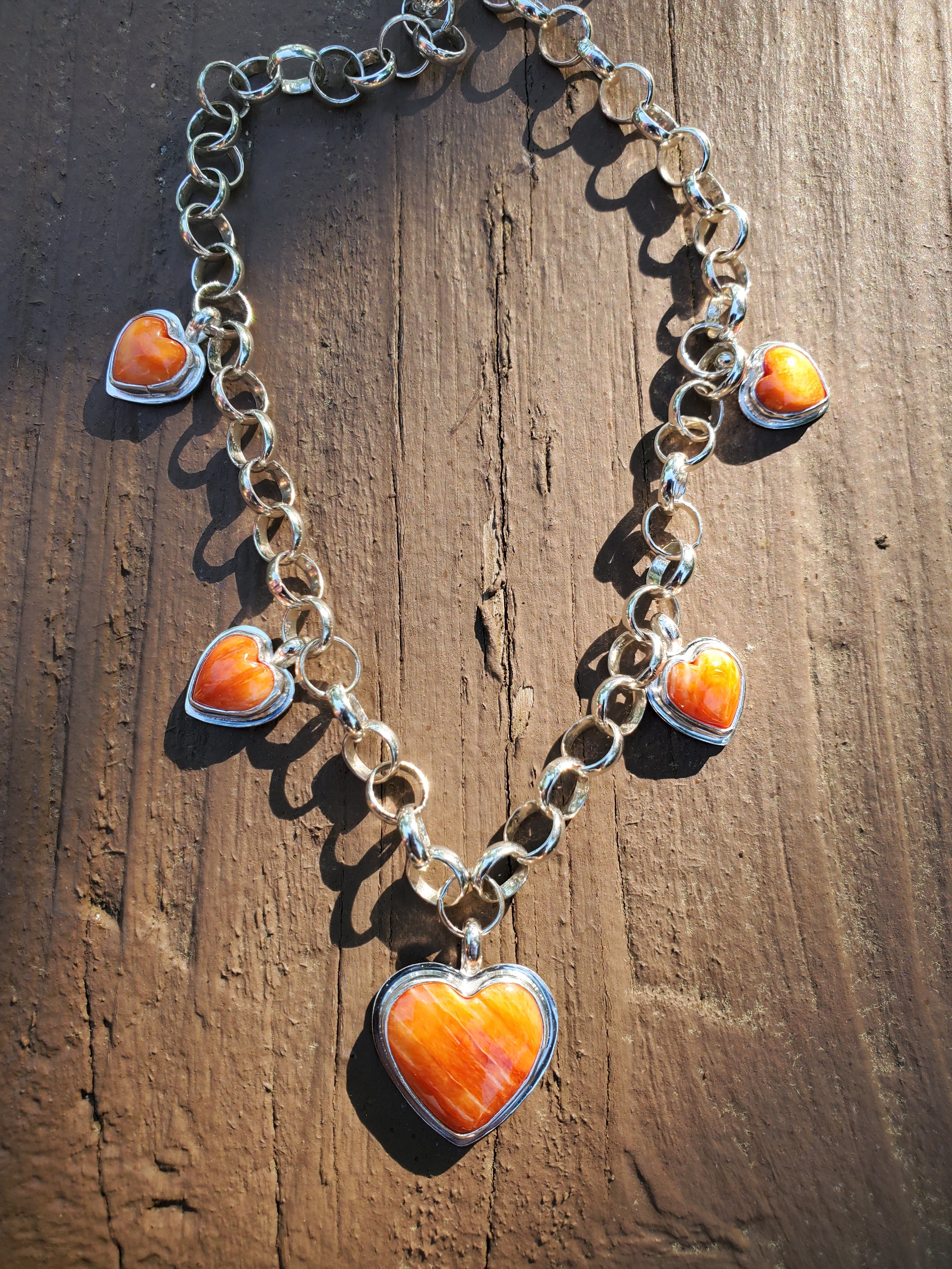 Stunning Orange Spiny Oyster 5 Stone 5 Heart Statement Necklace in Solid Sterling Silver