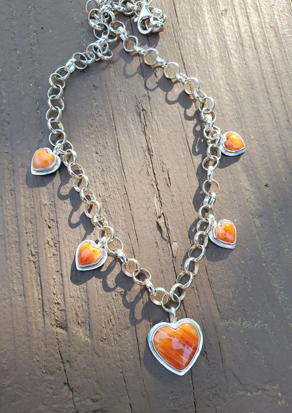Stunning Orange Spiny Oyster 5 Stone 5 Heart Statement Necklace in Solid Sterling Silver