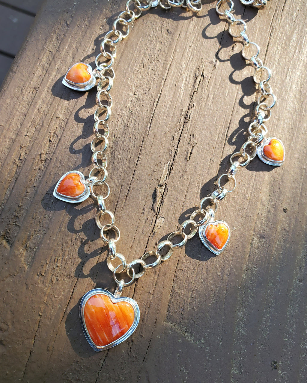 Stunning Orange Spiny Oyster 5 Stone 5 Heart Statement Necklace in Solid Sterling Silver