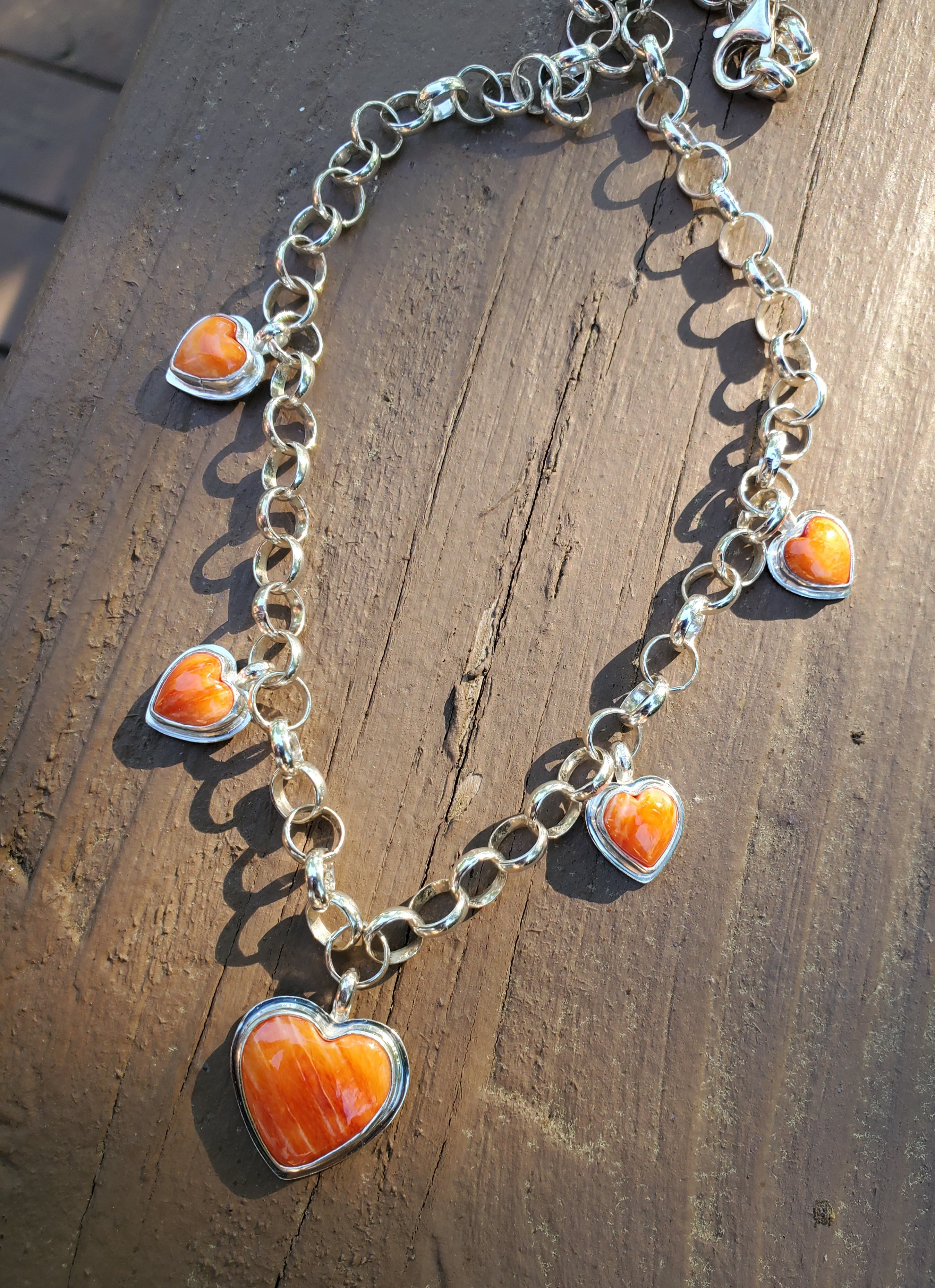 Stunning Orange Spiny Oyster 5 Stone 5 Heart Statement Necklace in Solid Sterling Silver
