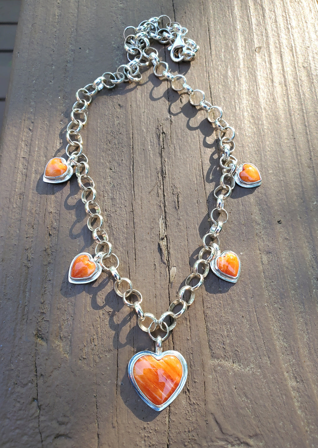 Stunning Orange Spiny Oyster 5 Stone 5 Heart Statement Necklace in Solid Sterling Silver