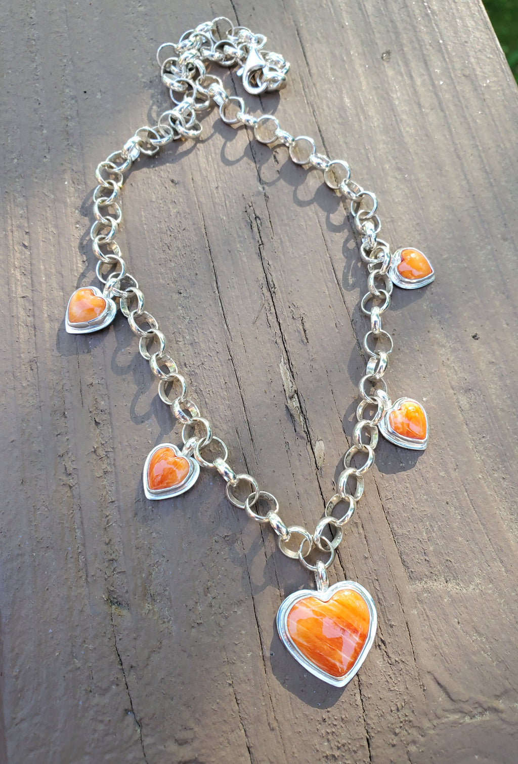 Stunning Orange Spiny Oyster 5 Stone 5 Heart Statement Necklace in Solid Sterling Silver