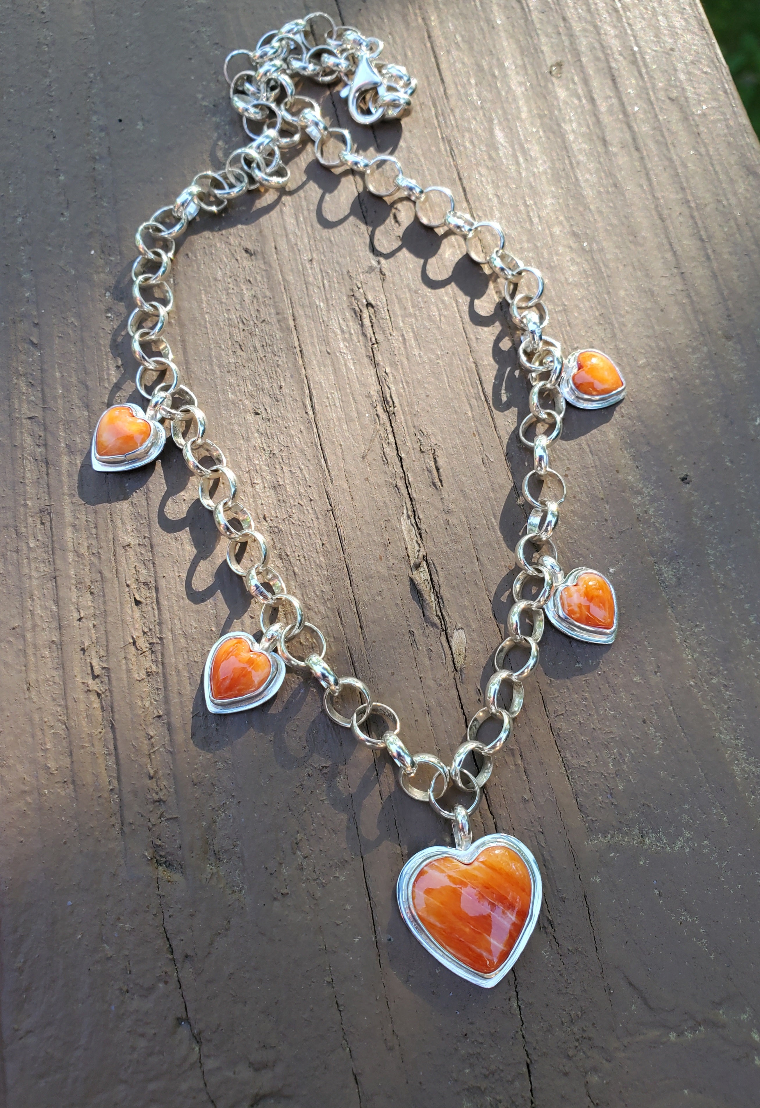 Stunning Orange Spiny Oyster 5 Stone 5 Heart Statement Necklace in Solid Sterling Silver