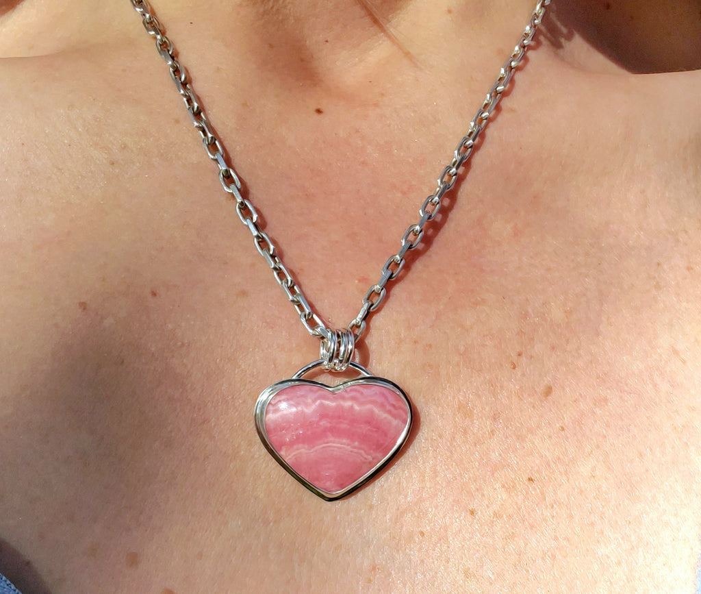 Gorgeous Rhodocrosite Pink Heart Pendant in Solid Sterling Silver
