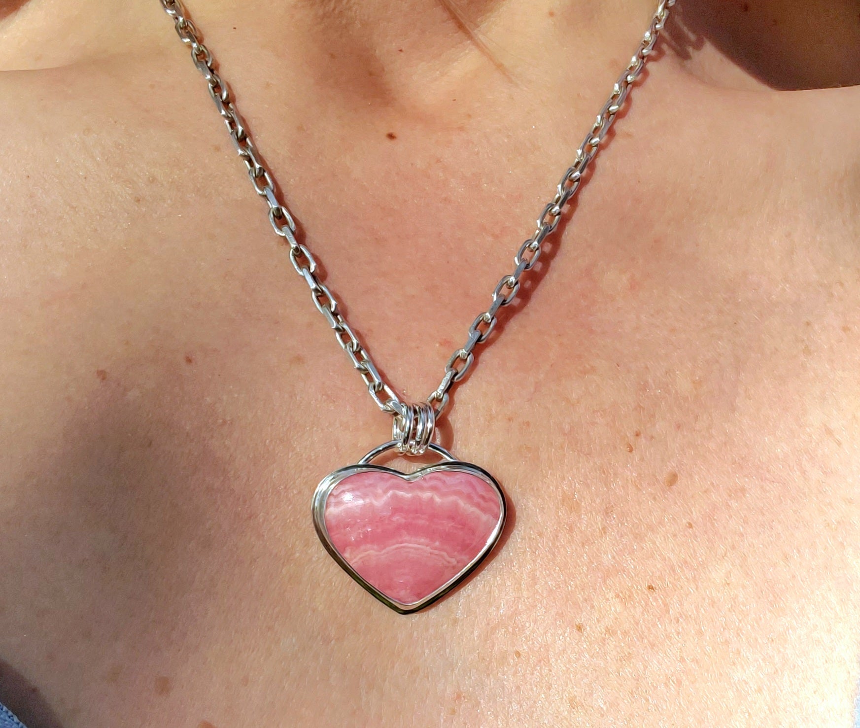 Gorgeous Rhodocrosite Pink Heart Pendant in Solid Sterling Silver