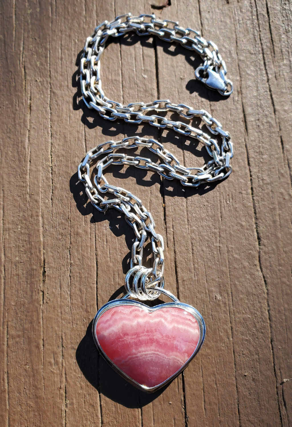 Gorgeous Rhodocrosite Pink Heart Pendant in Solid Sterling Silver