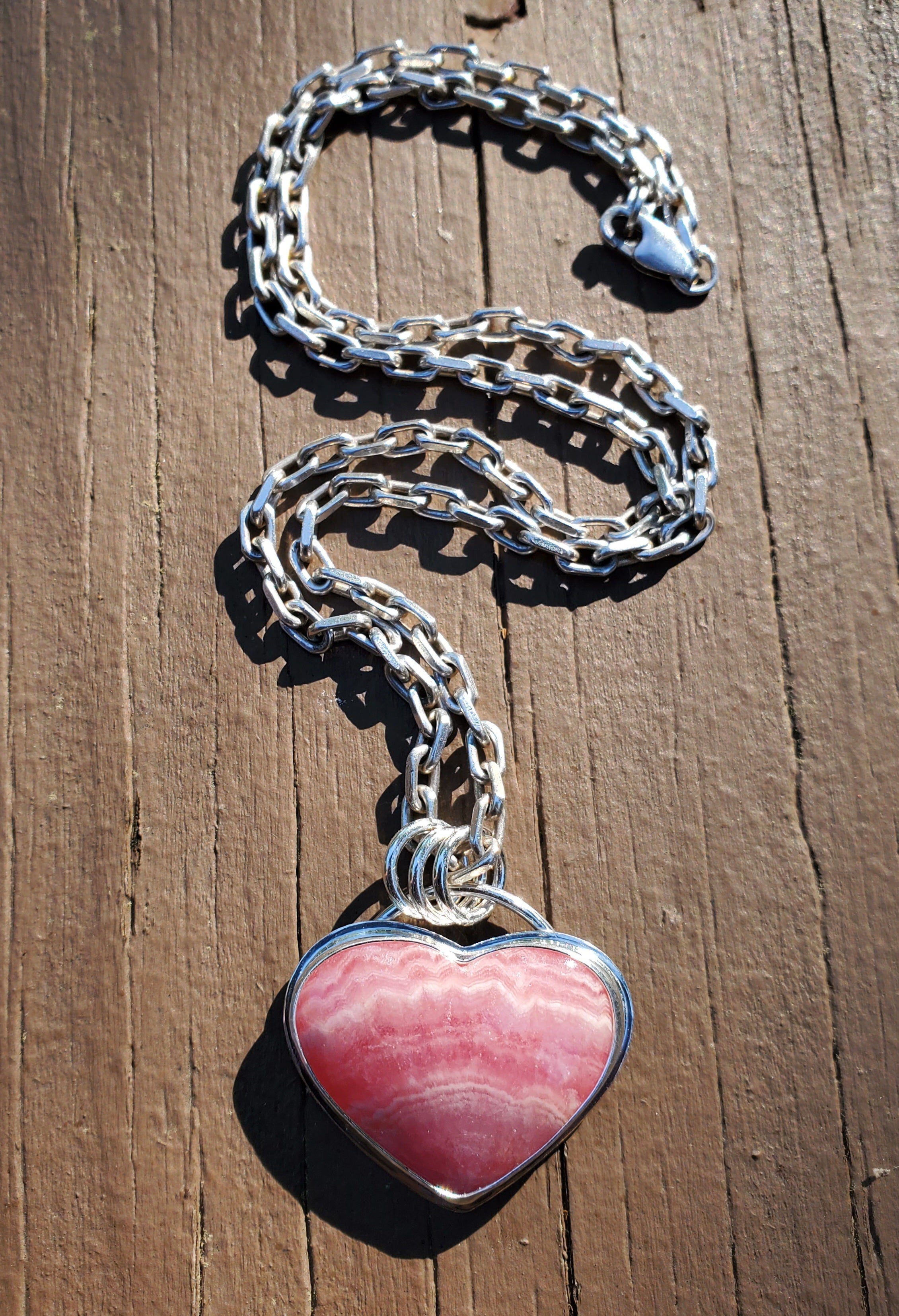 Gorgeous Rhodocrosite Pink Heart Pendant in Solid Sterling Silver