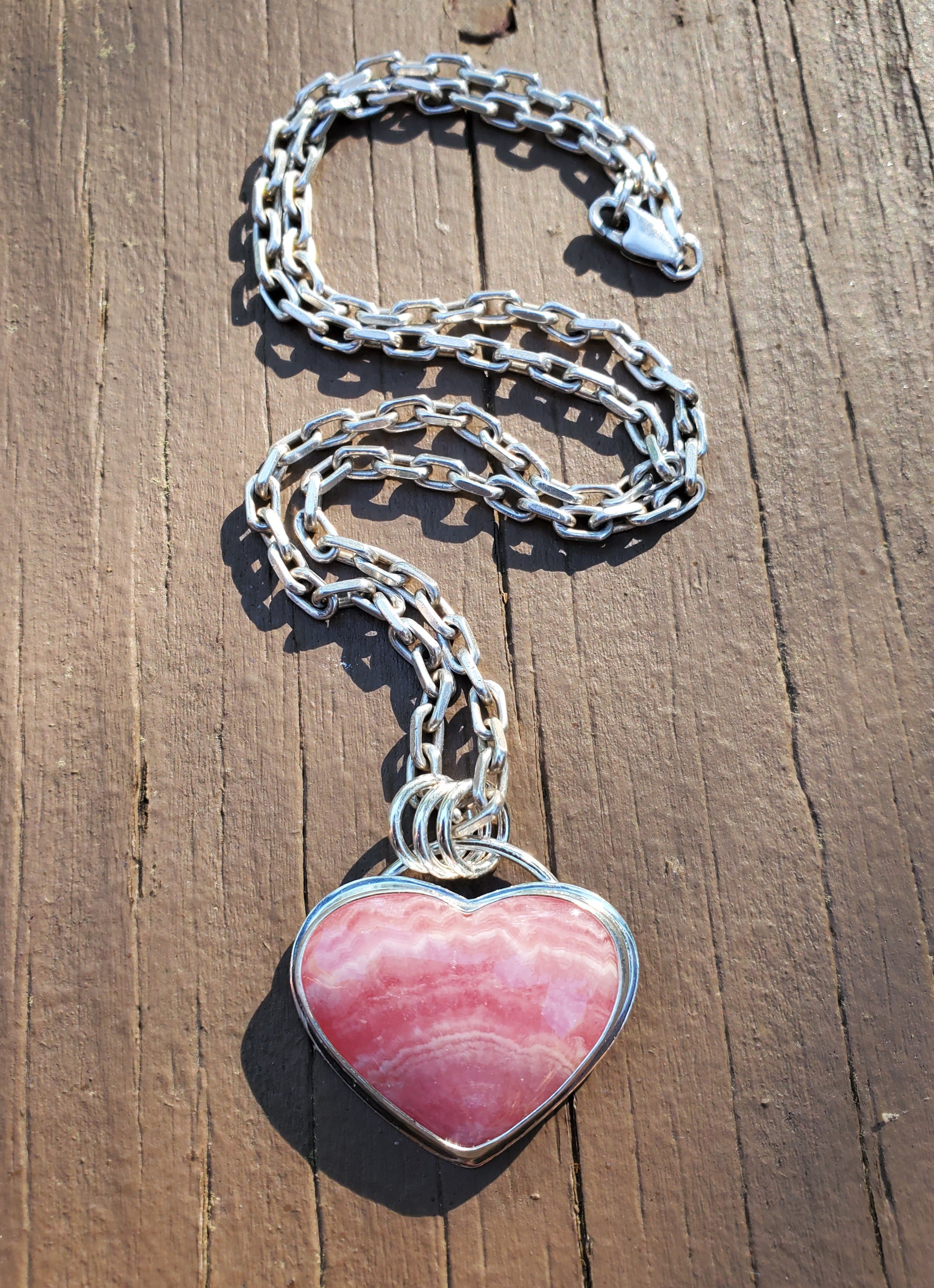 Gorgeous Rhodocrosite Pink Heart Pendant in Solid Sterling Silver