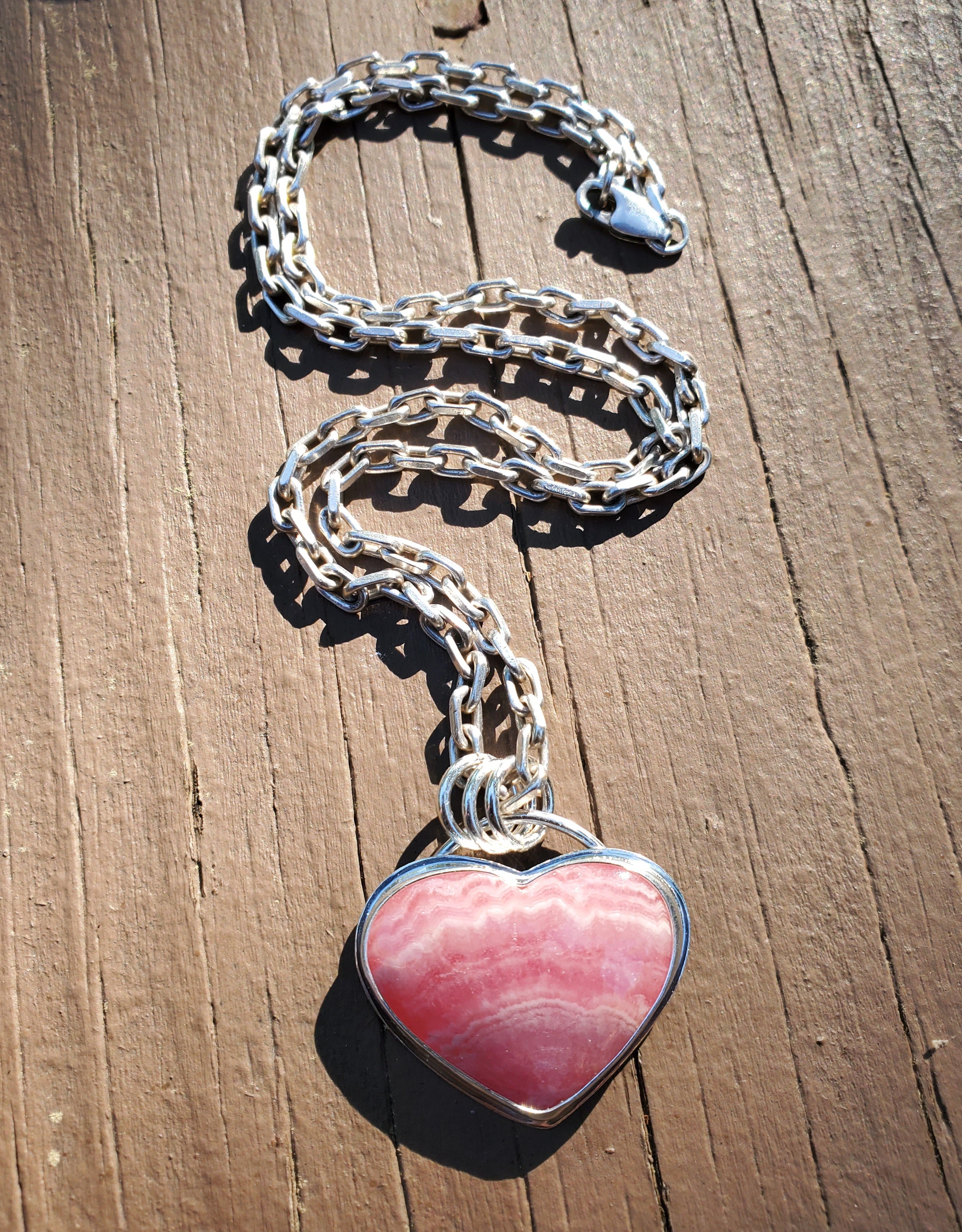 Gorgeous Rhodocrosite Pink Heart Pendant in Solid Sterling Silver