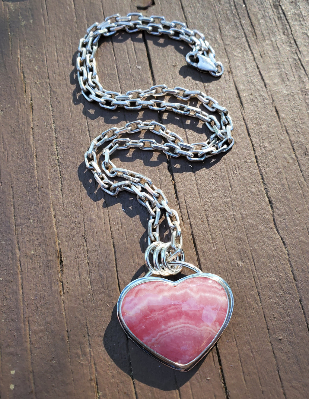 Gorgeous Rhodocrosite Pink Heart Pendant in Solid Sterling Silver