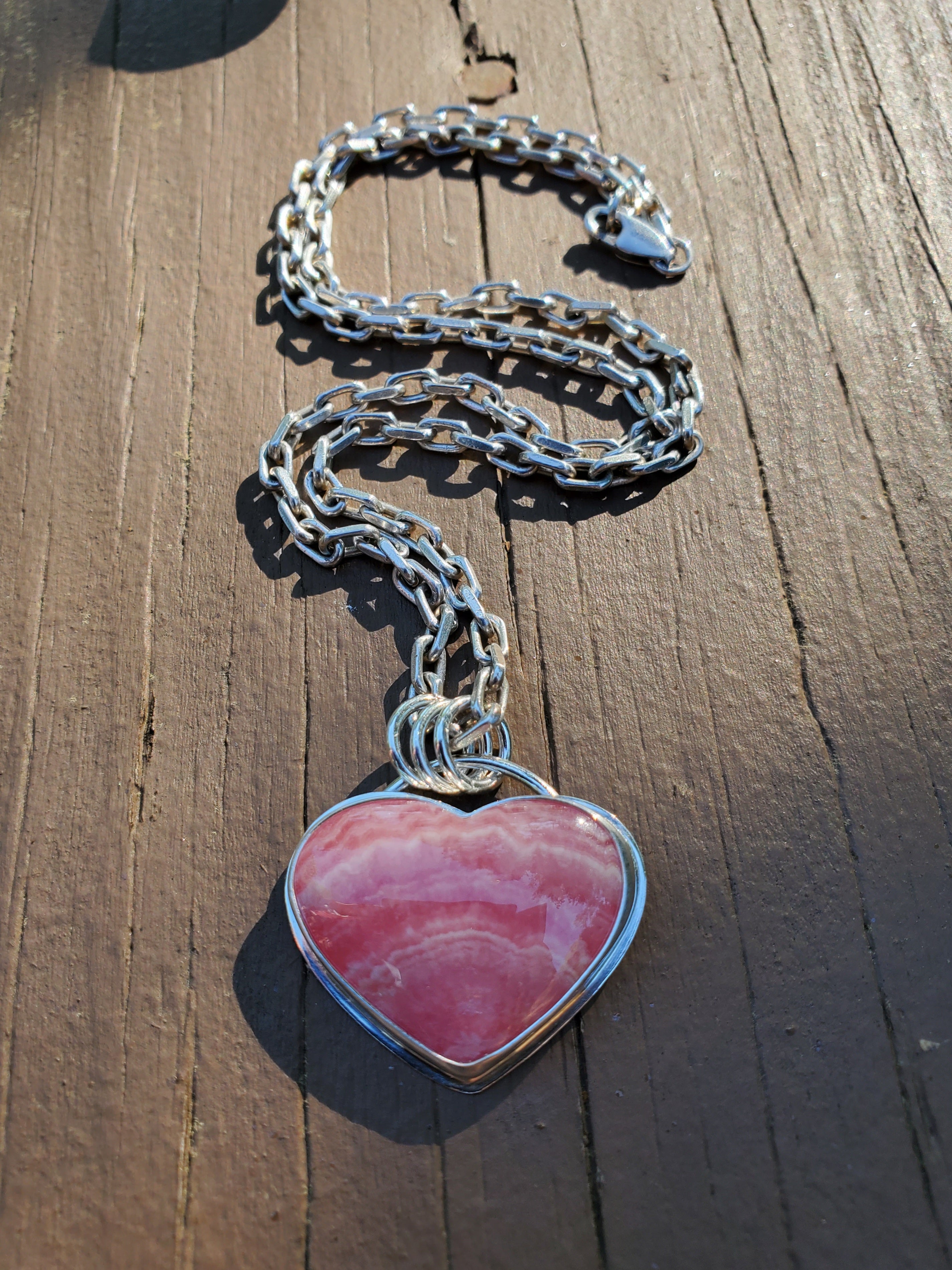 Gorgeous Rhodocrosite Pink Heart Pendant in Solid Sterling Silver