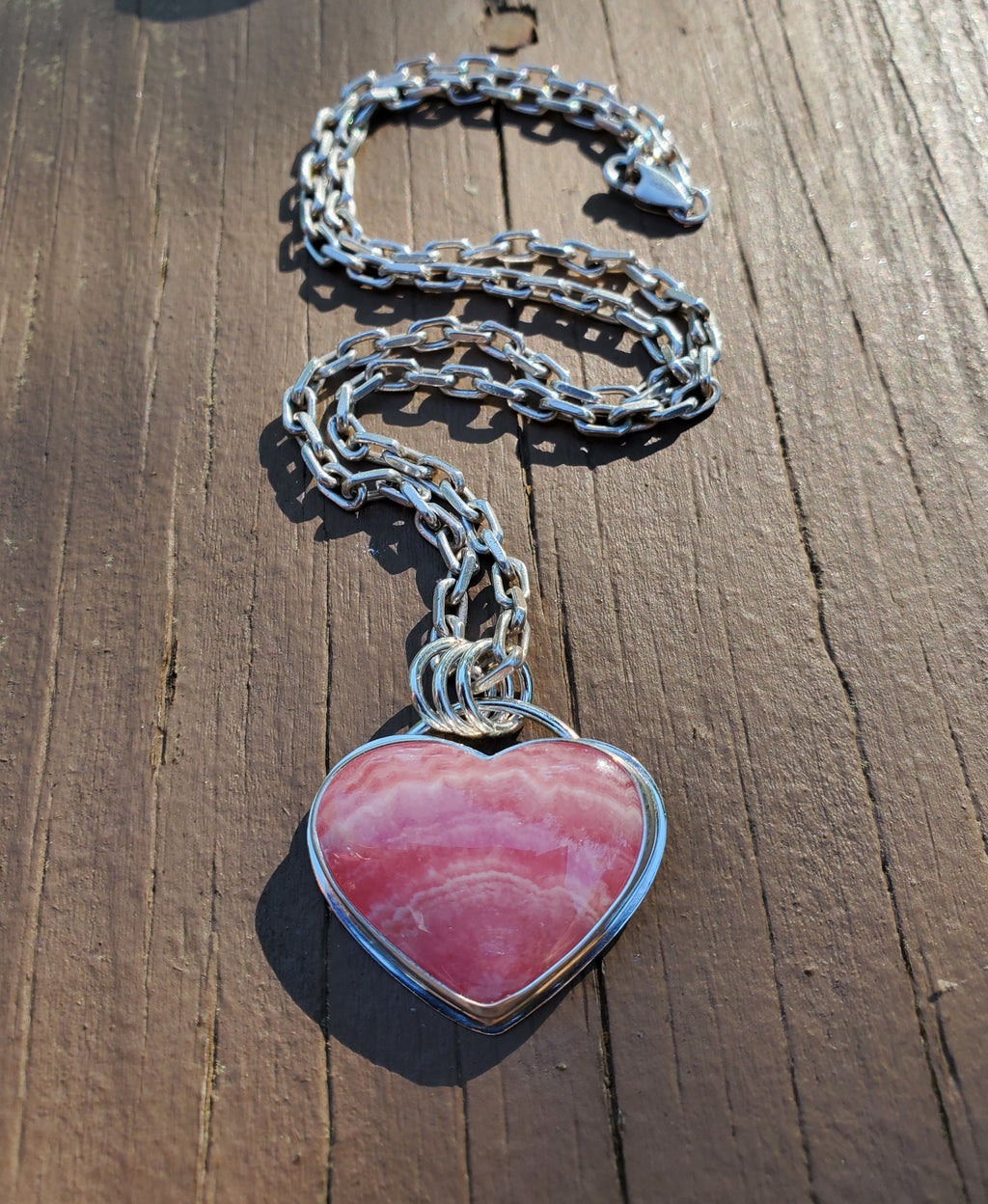 Gorgeous Rhodocrosite Pink Heart Pendant in Solid Sterling Silver