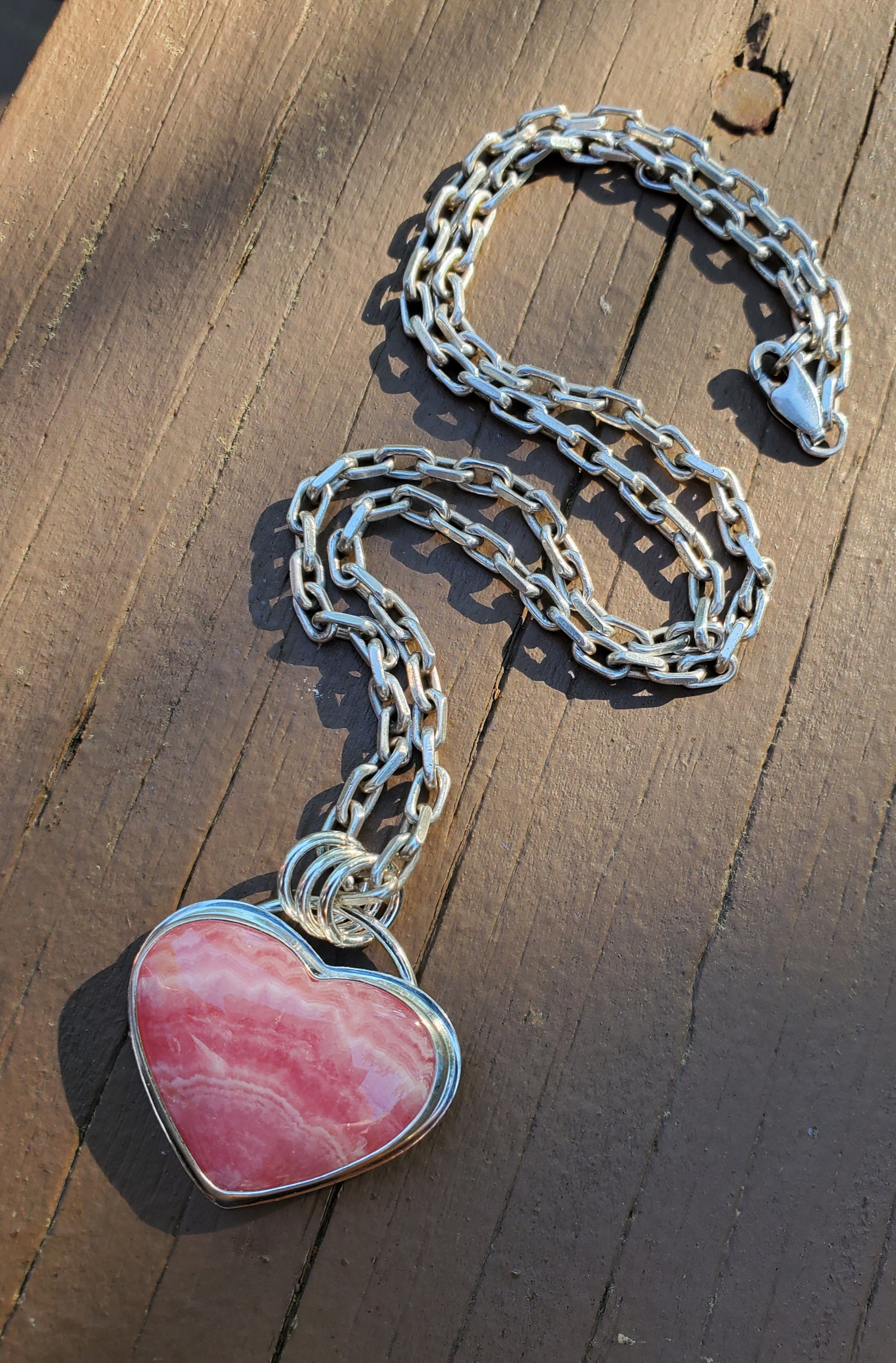 Gorgeous Rhodocrosite Pink Heart Pendant in Solid Sterling Silver