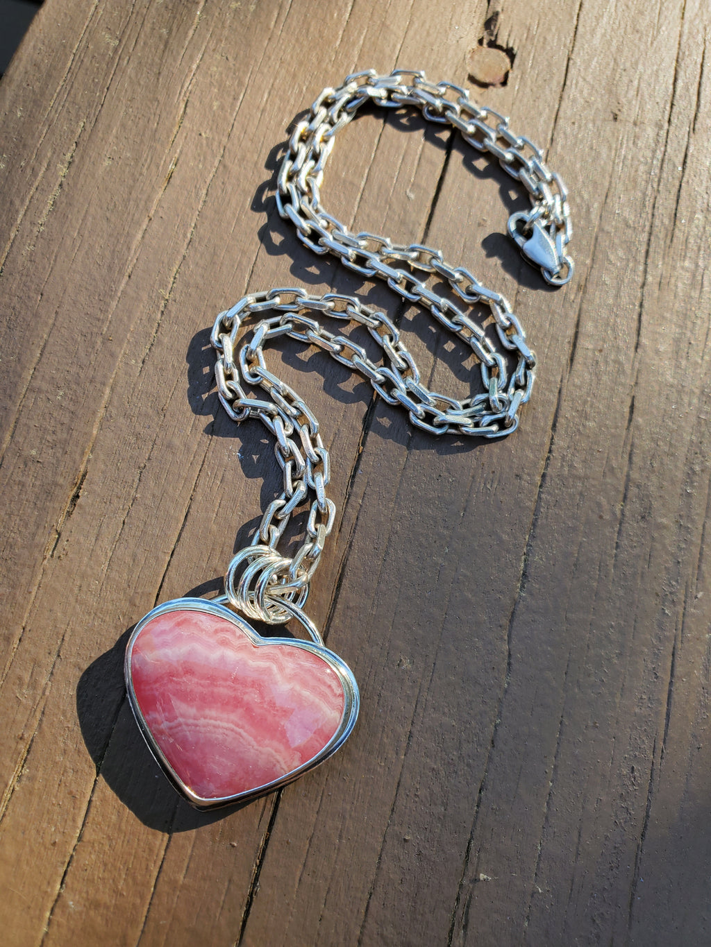 Gorgeous Rhodocrosite Pink Heart Pendant in Solid Sterling Silver
