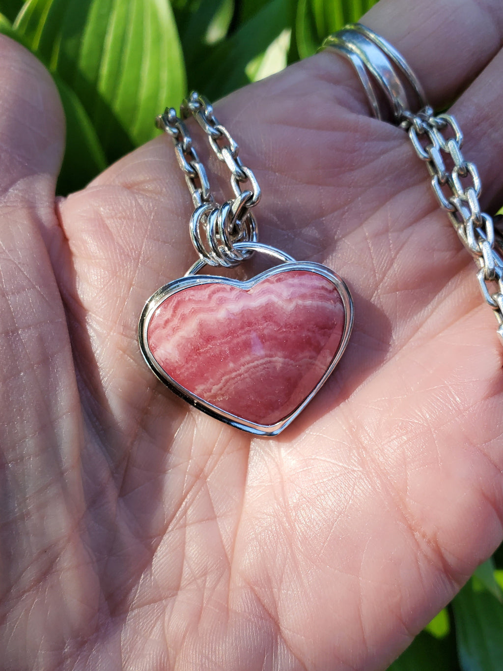 Gorgeous Rhodocrosite Pink Heart Pendant in Solid Sterling Silver
