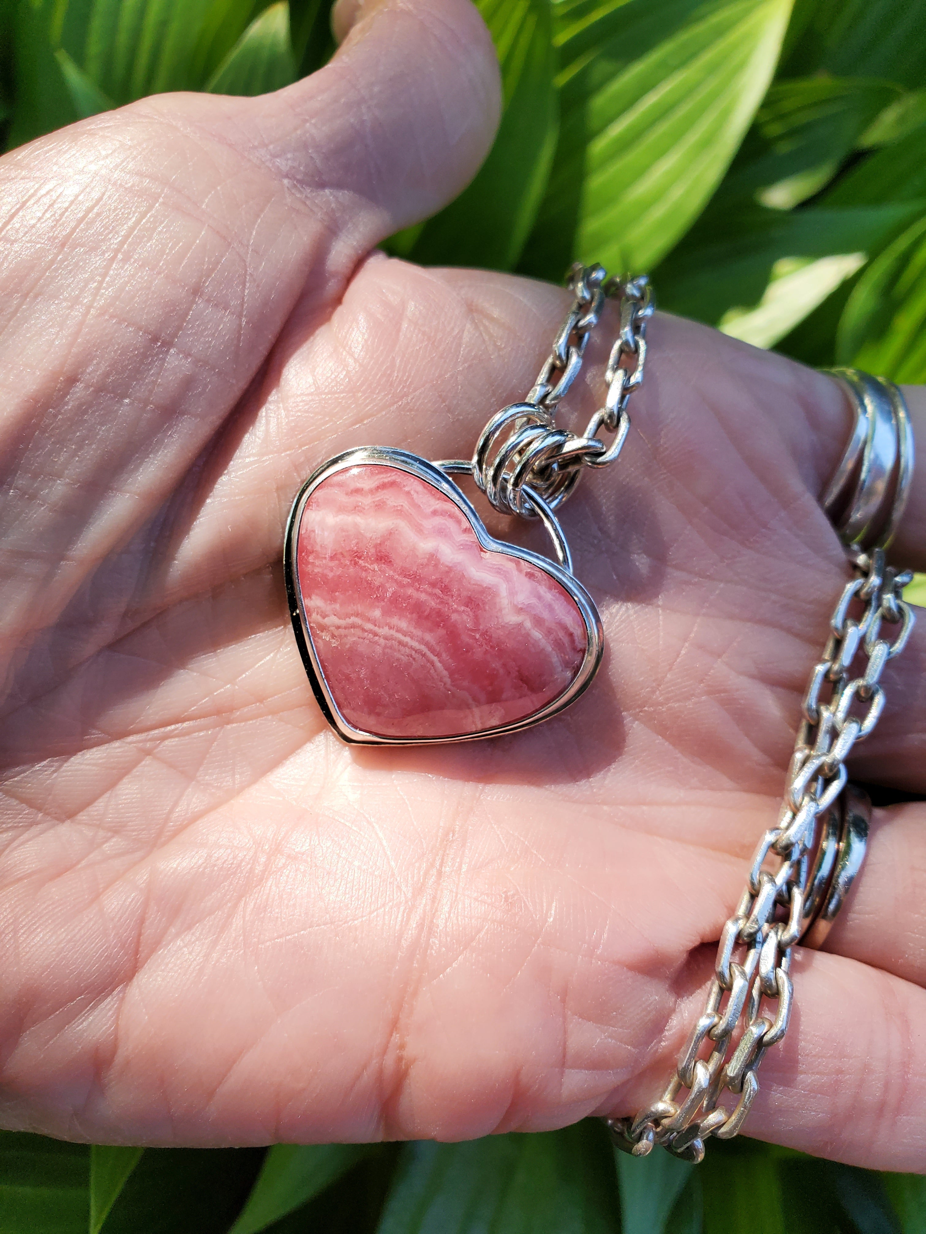 Gorgeous Rhodocrosite Pink Heart Pendant in Solid Sterling Silver
