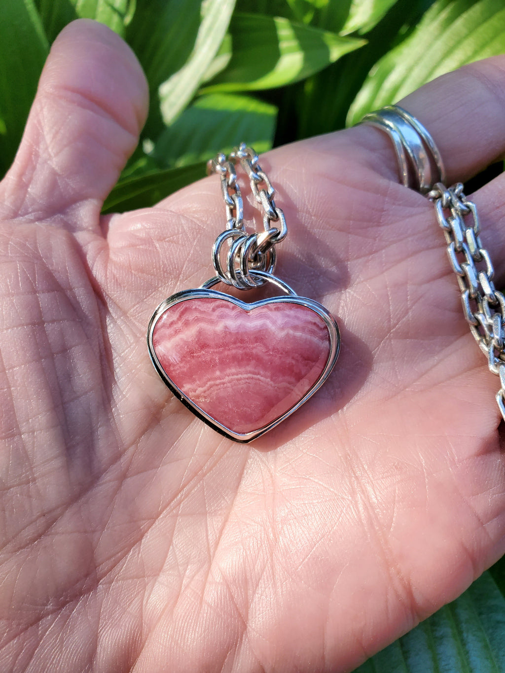 Gorgeous Rhodocrosite Pink Heart Pendant in Solid Sterling Silver