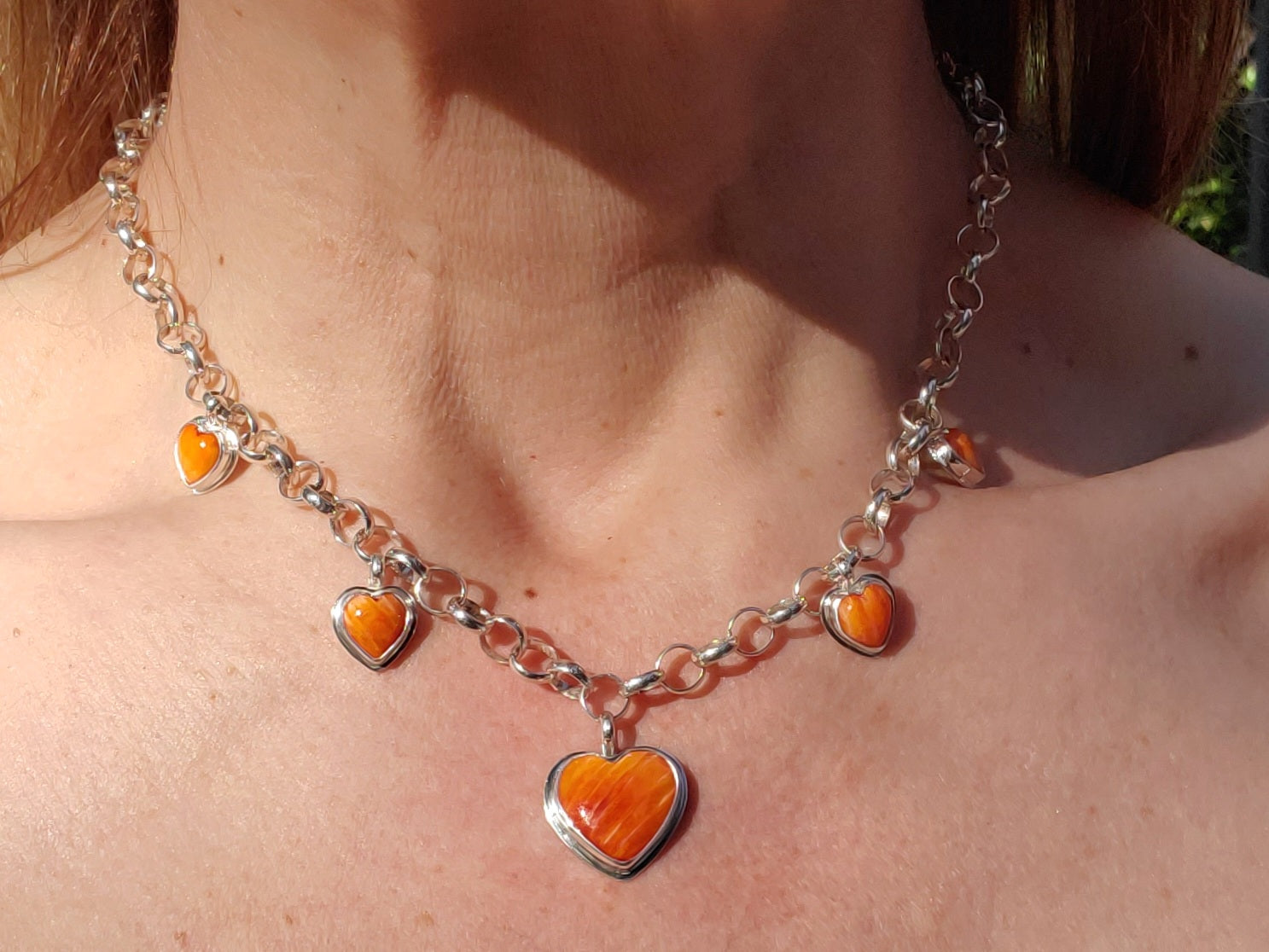 Stunning Orange Spiny Oyster 5 Stone 5 Heart Statement Necklace in Solid Sterling Silver